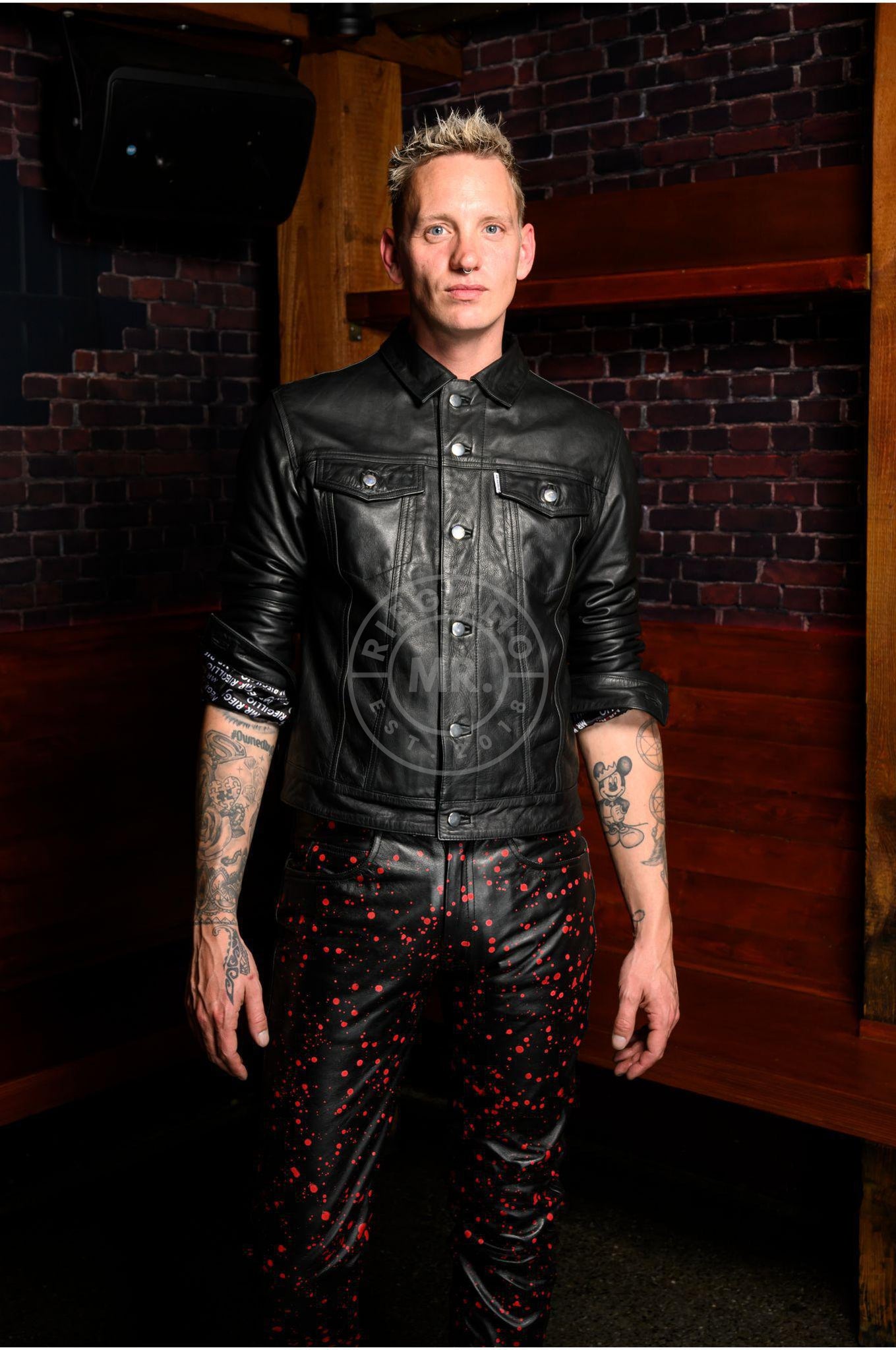 Black Leather Splashed Pants - Red at MR. Riegillio