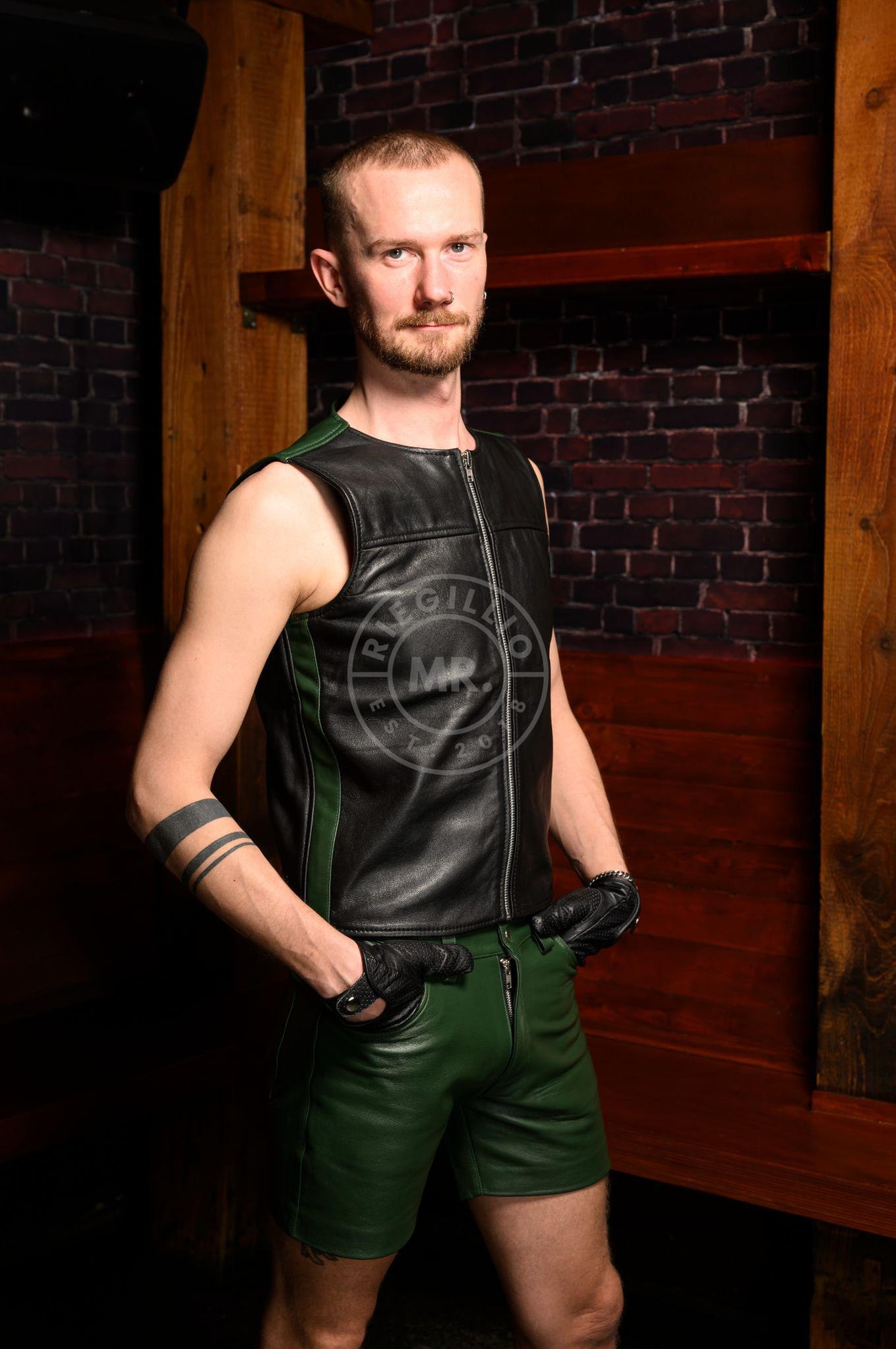 Leather Zipper Vest - Dark Green Panels-at MR. Riegillio