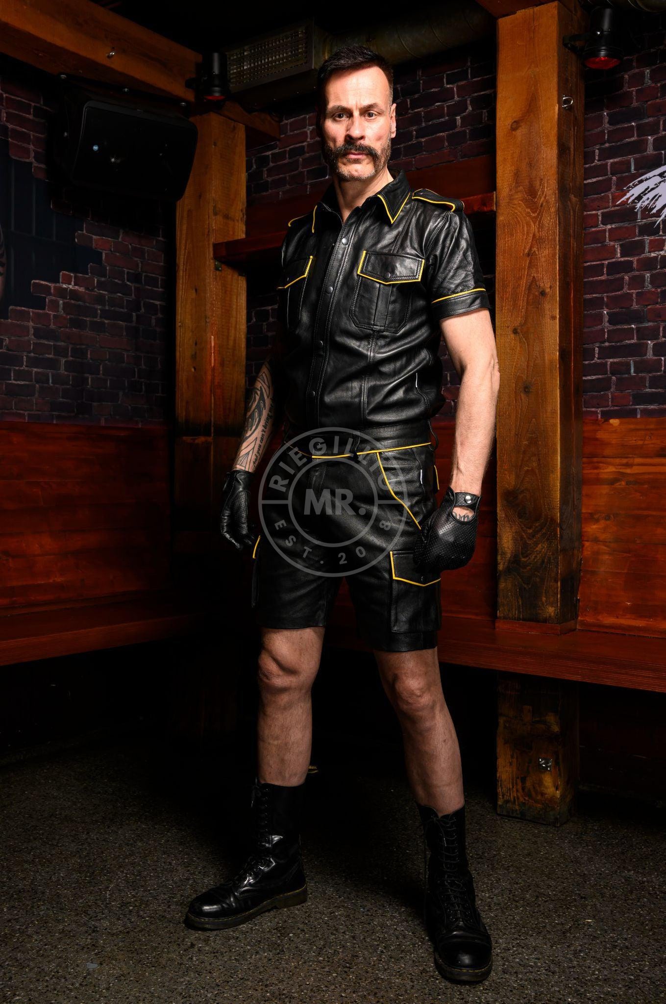 Black Leather Shirt - Yellow Piping at MR. Riegillio