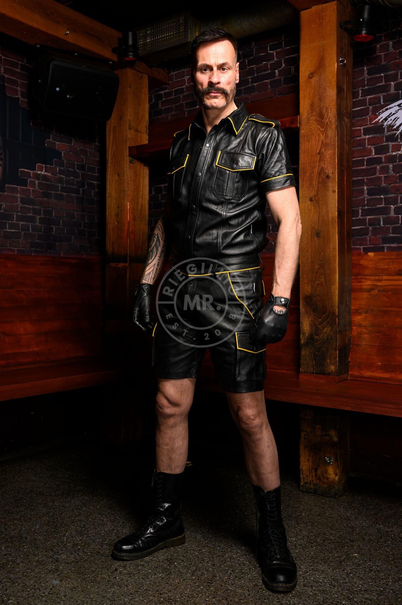 Black Leather Shirt - YELLOW Piping-at MR. Riegillio