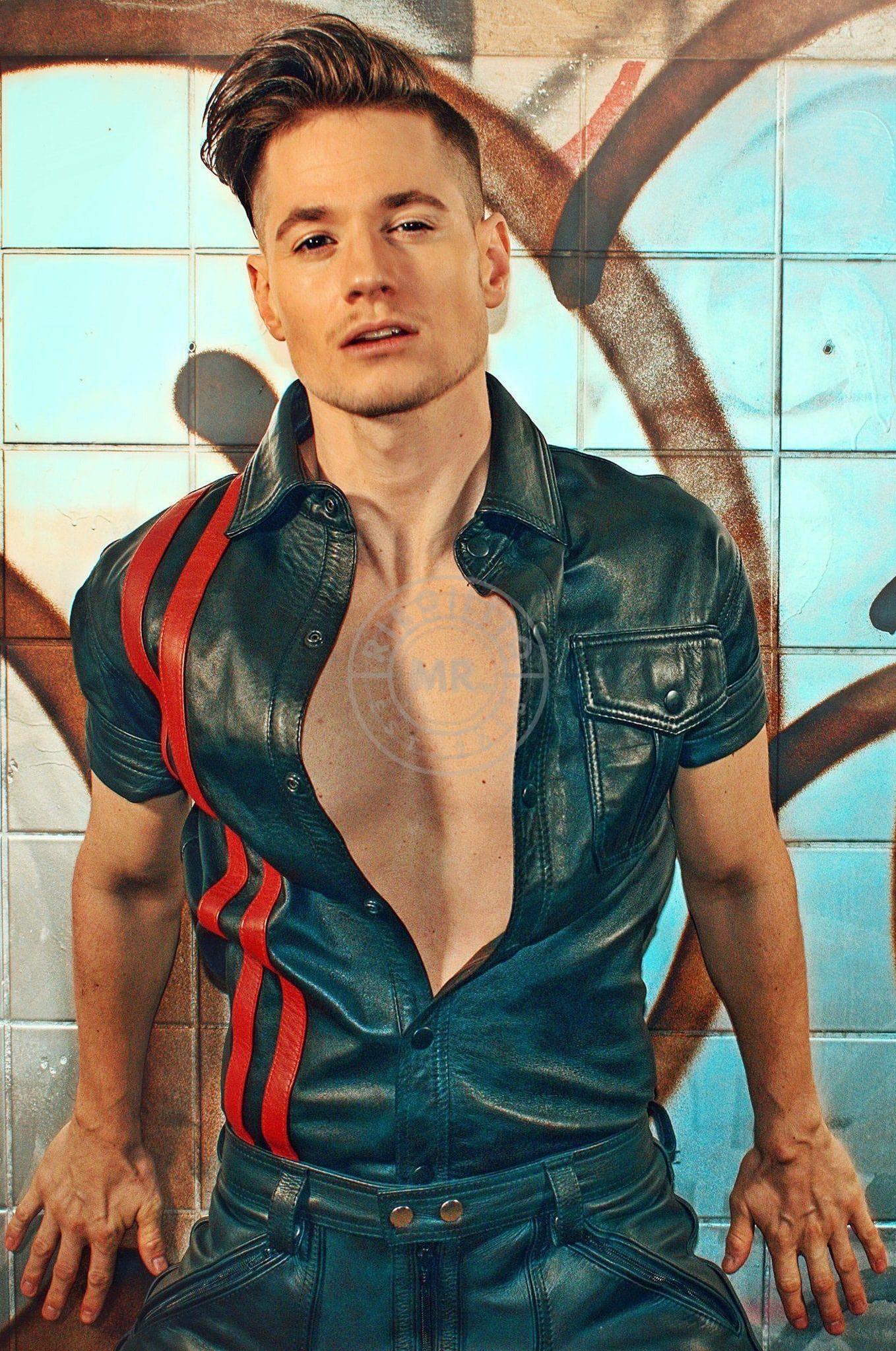 Black Leather Shirt - Red Stripes at MR. Riegillio