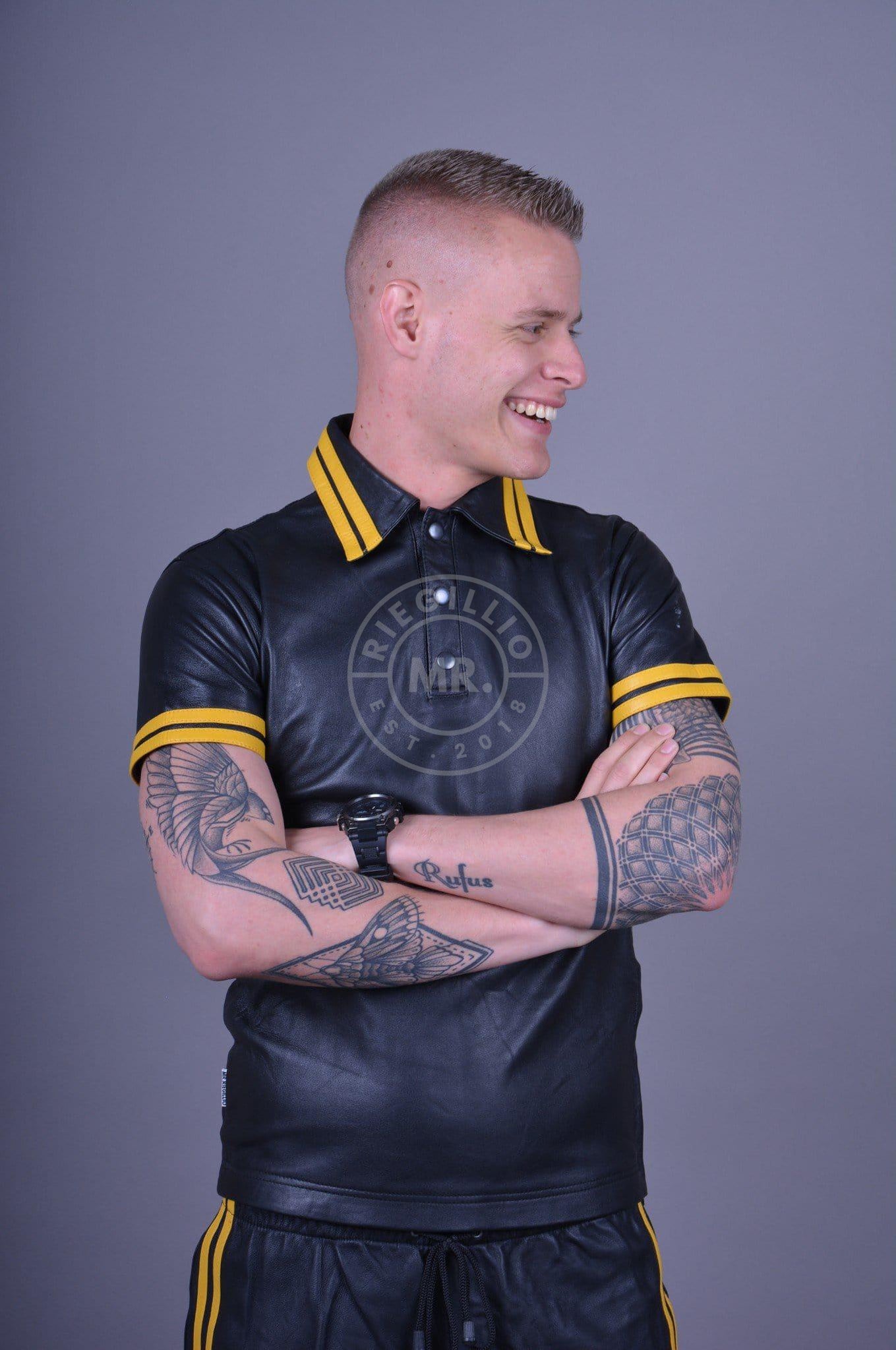 Black Leather Polo - Yellow Stripes at MR. Riegillio
