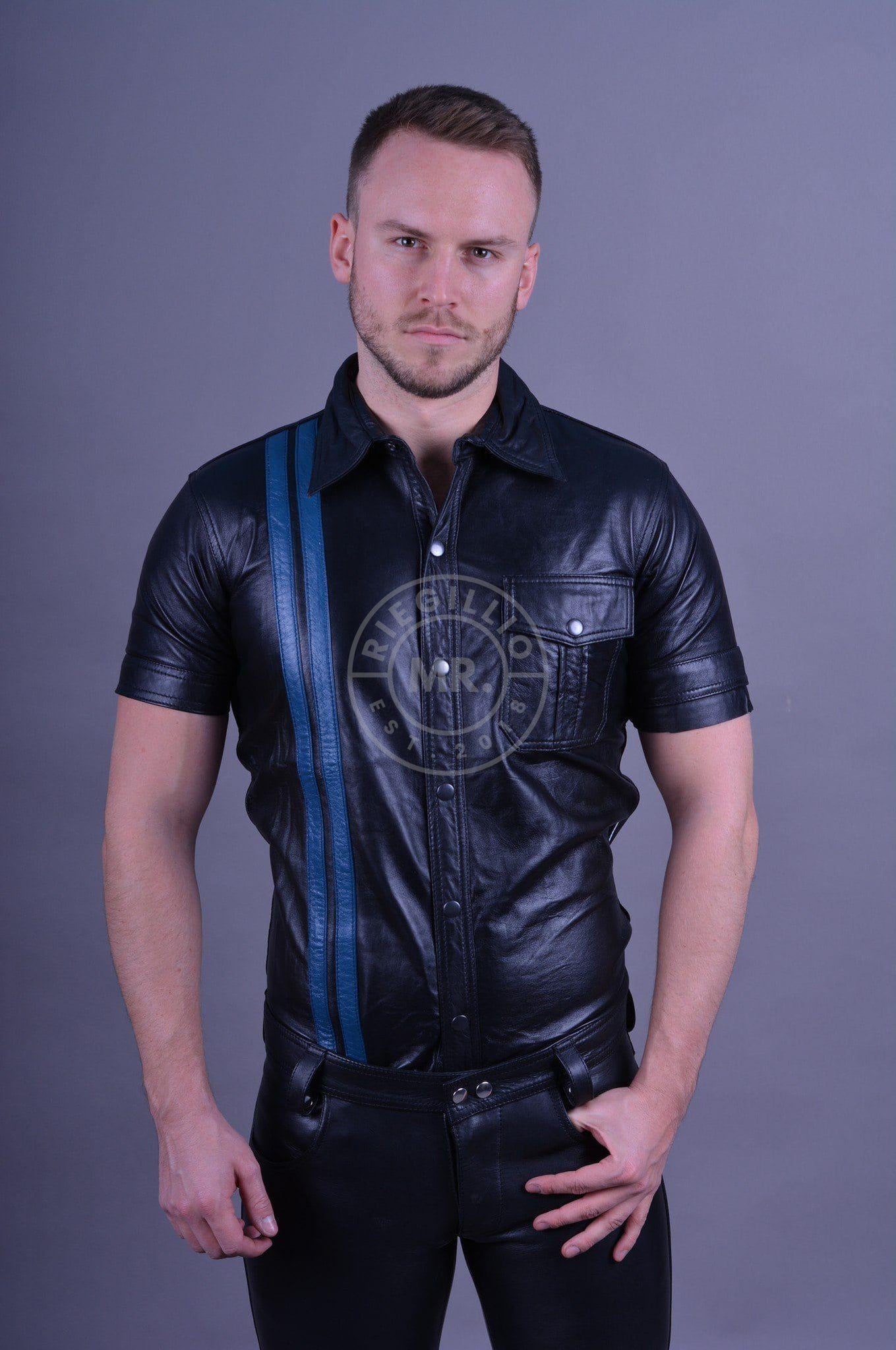 Black Leather Shirt - BLUE STRIPES-at MR. Riegillio