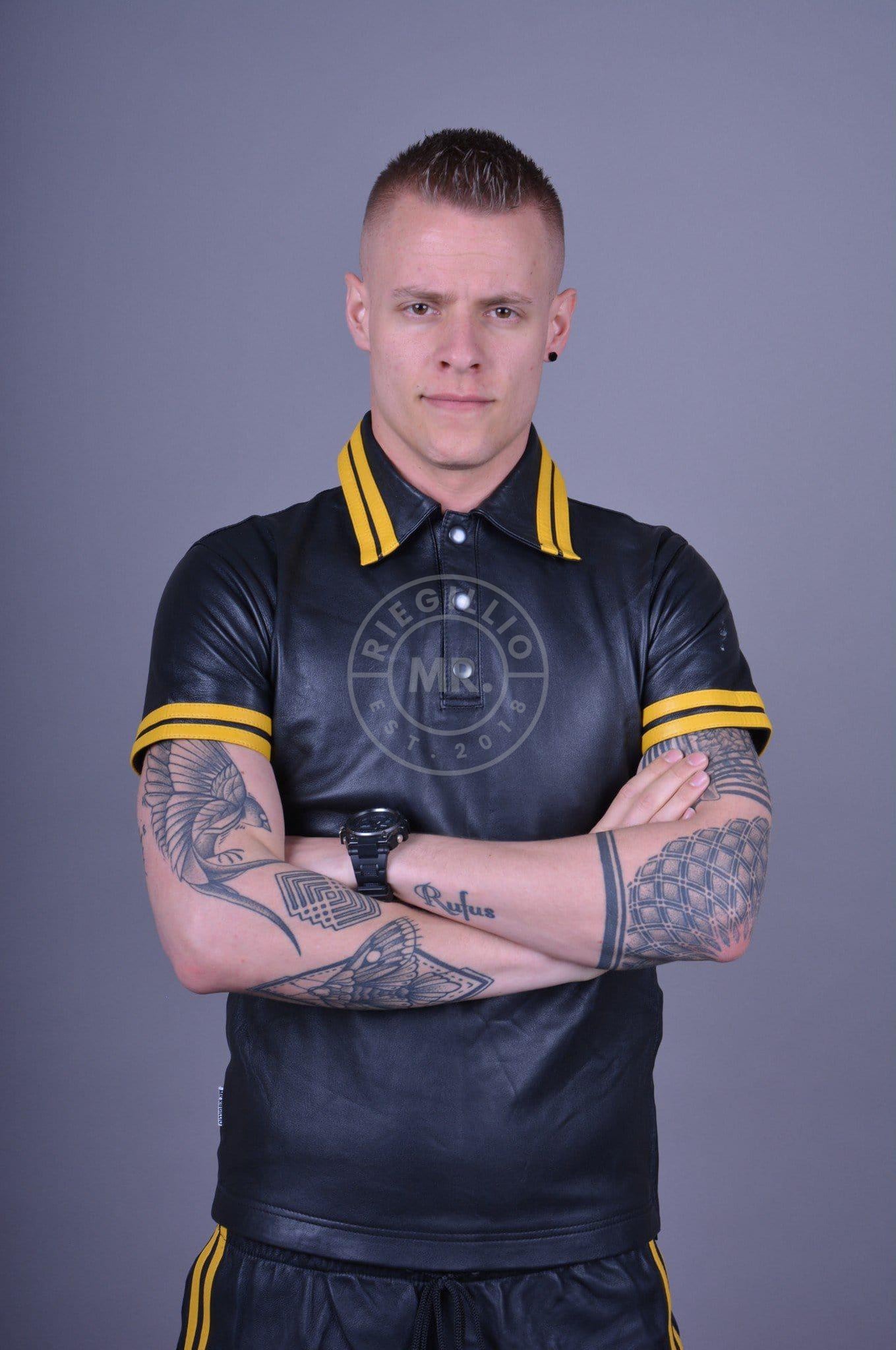 Black Leather Polo - Yellow Stripes at MR. Riegillio