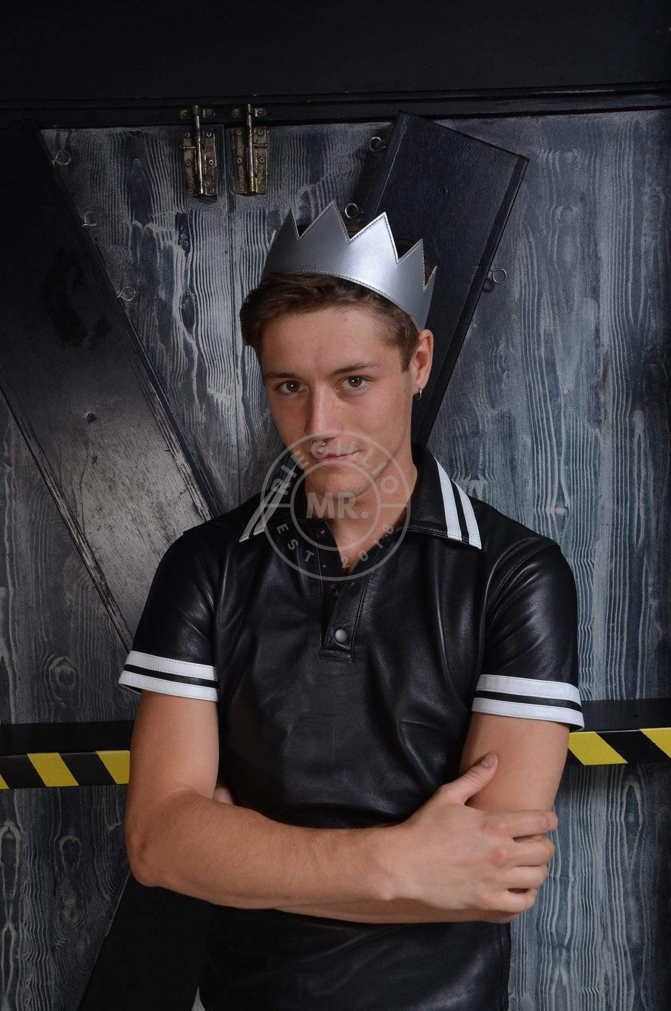 Black Leather Polo - White Stripes at MR. Riegillio