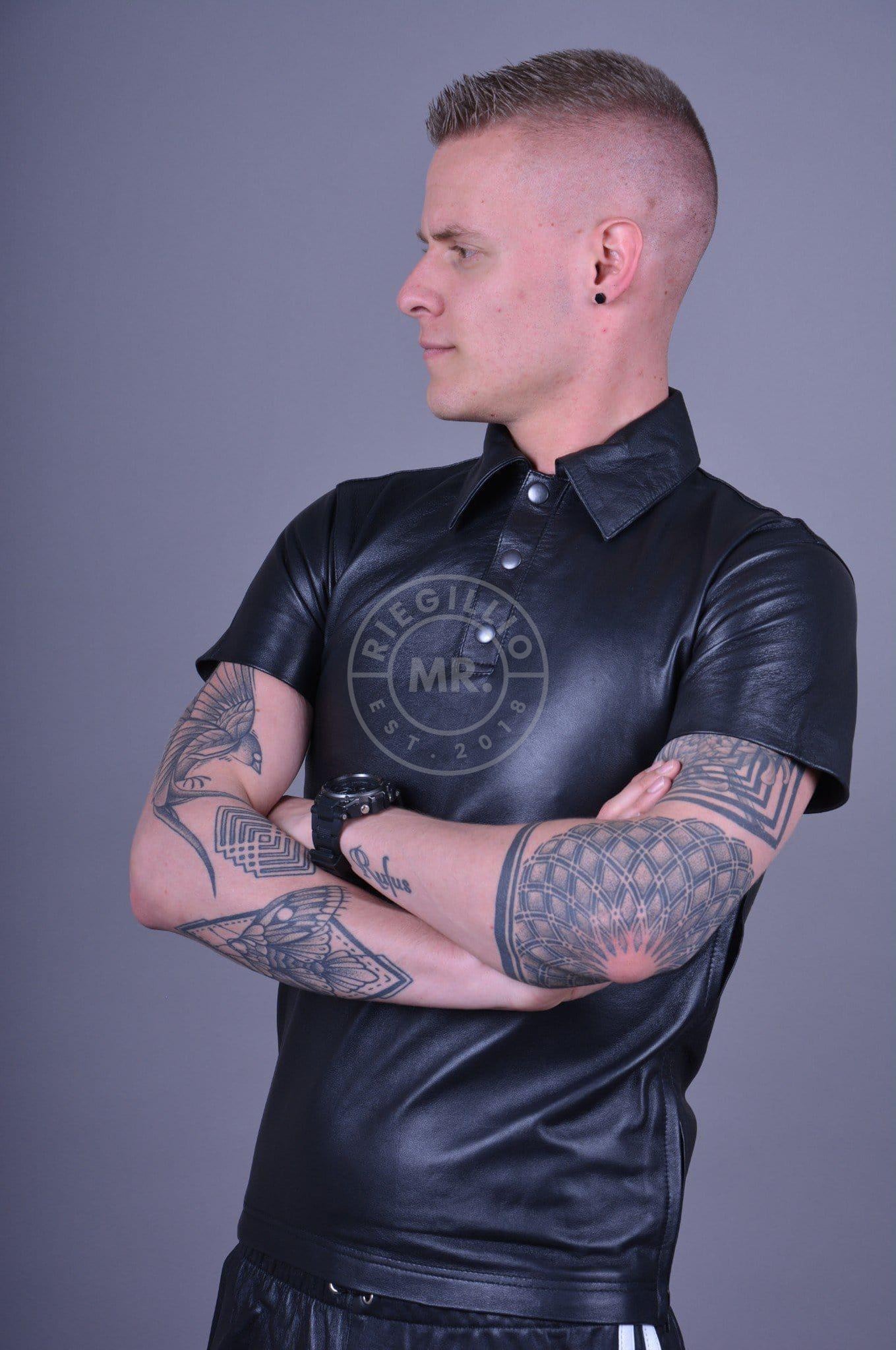 Plain Black Leather Polo Shirt by MR. Riegillio