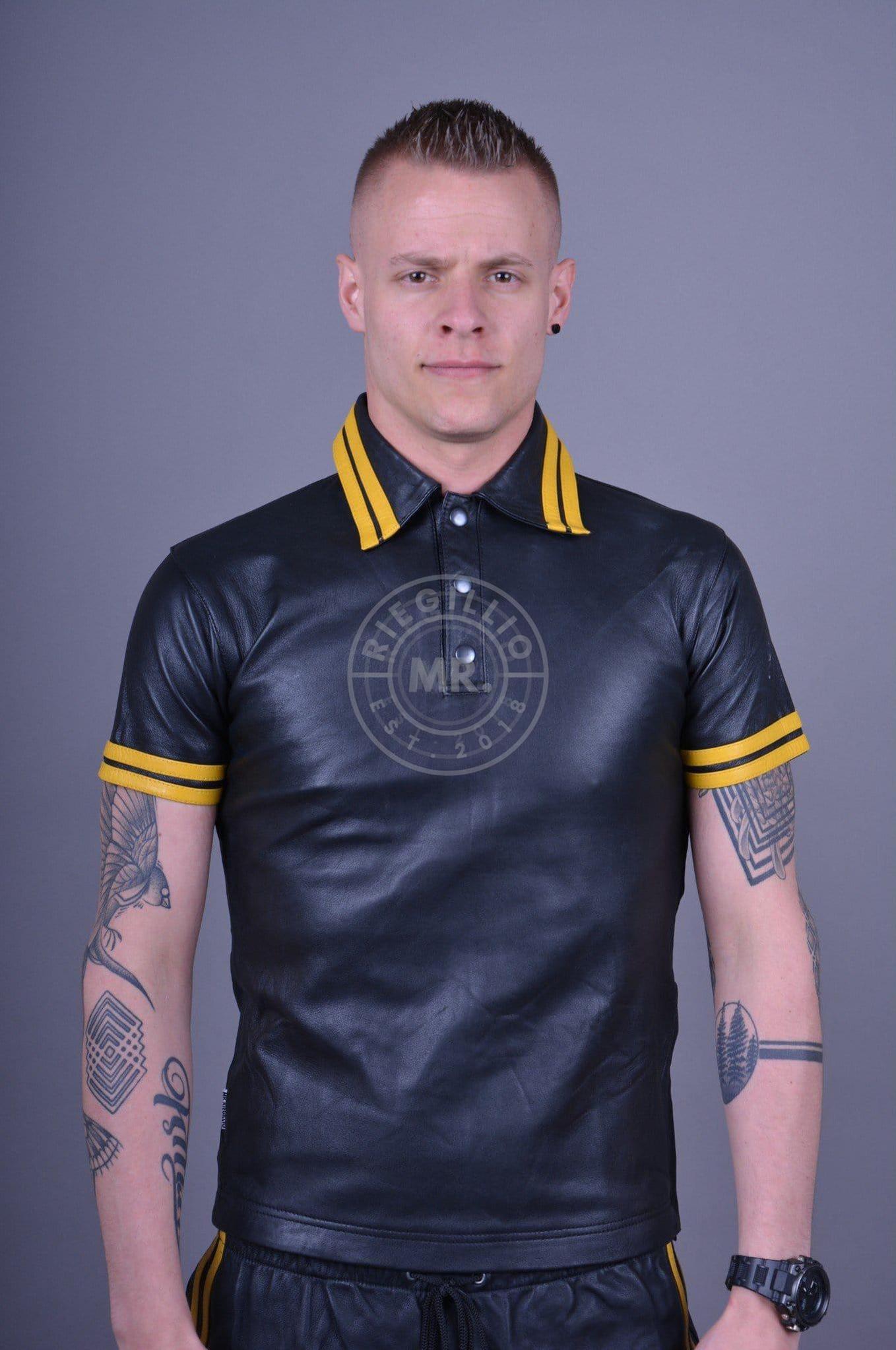 Black Leather Polo - Yellow Stripes at MR. Riegillio