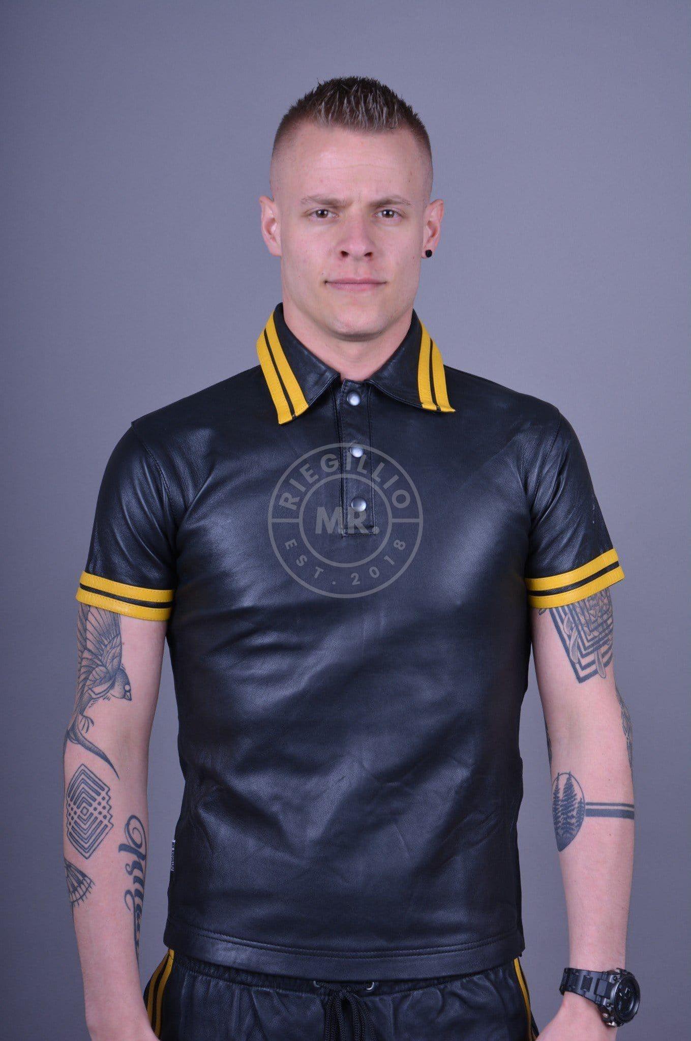 Black Leather Polo - Yellow Stripes at MR. Riegillio