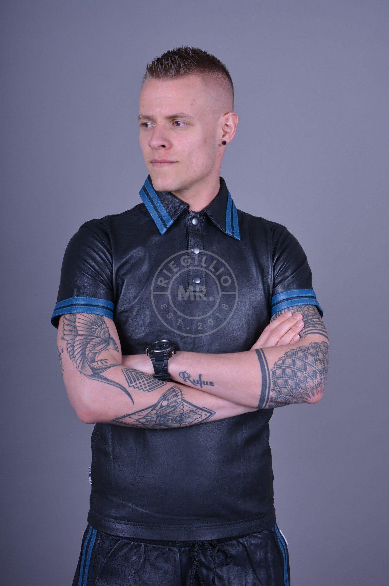 Black Leather Polo - Blue Stripes at MR. Riegillio