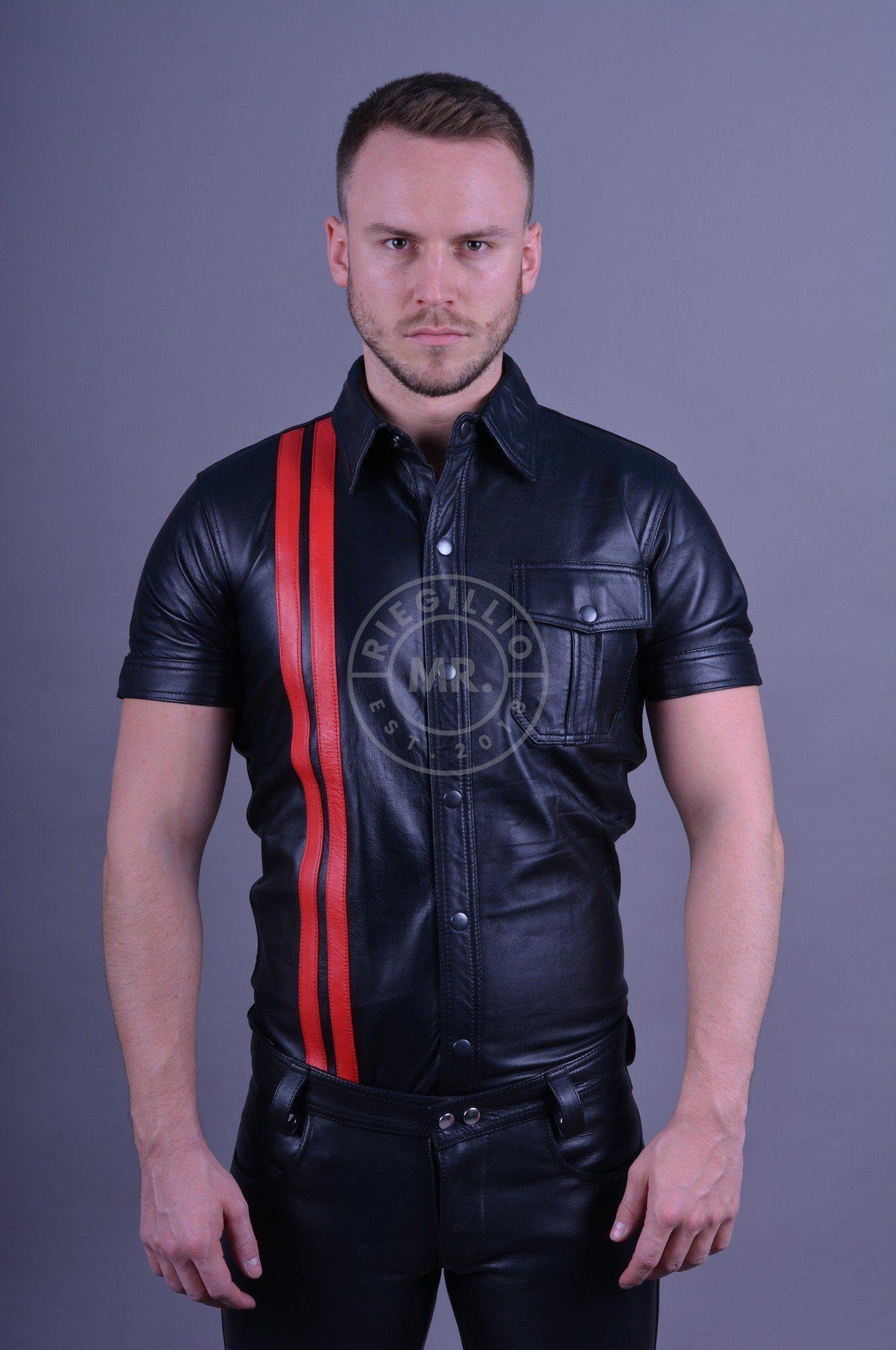 Black Leather Shirt - Red Stripes-at MR. Riegillio