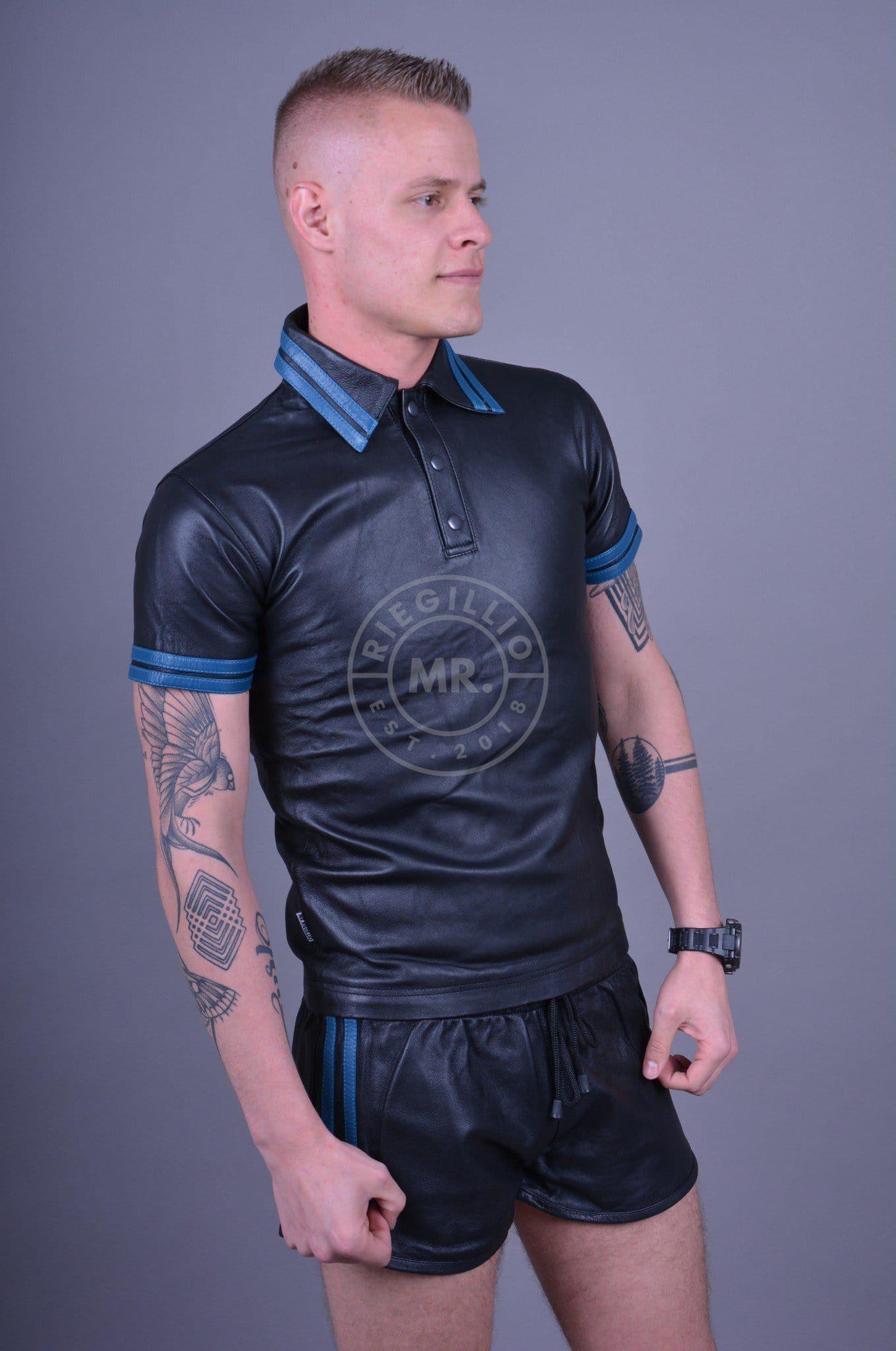 Black Leather Polo - Blue Stripes at MR. Riegillio