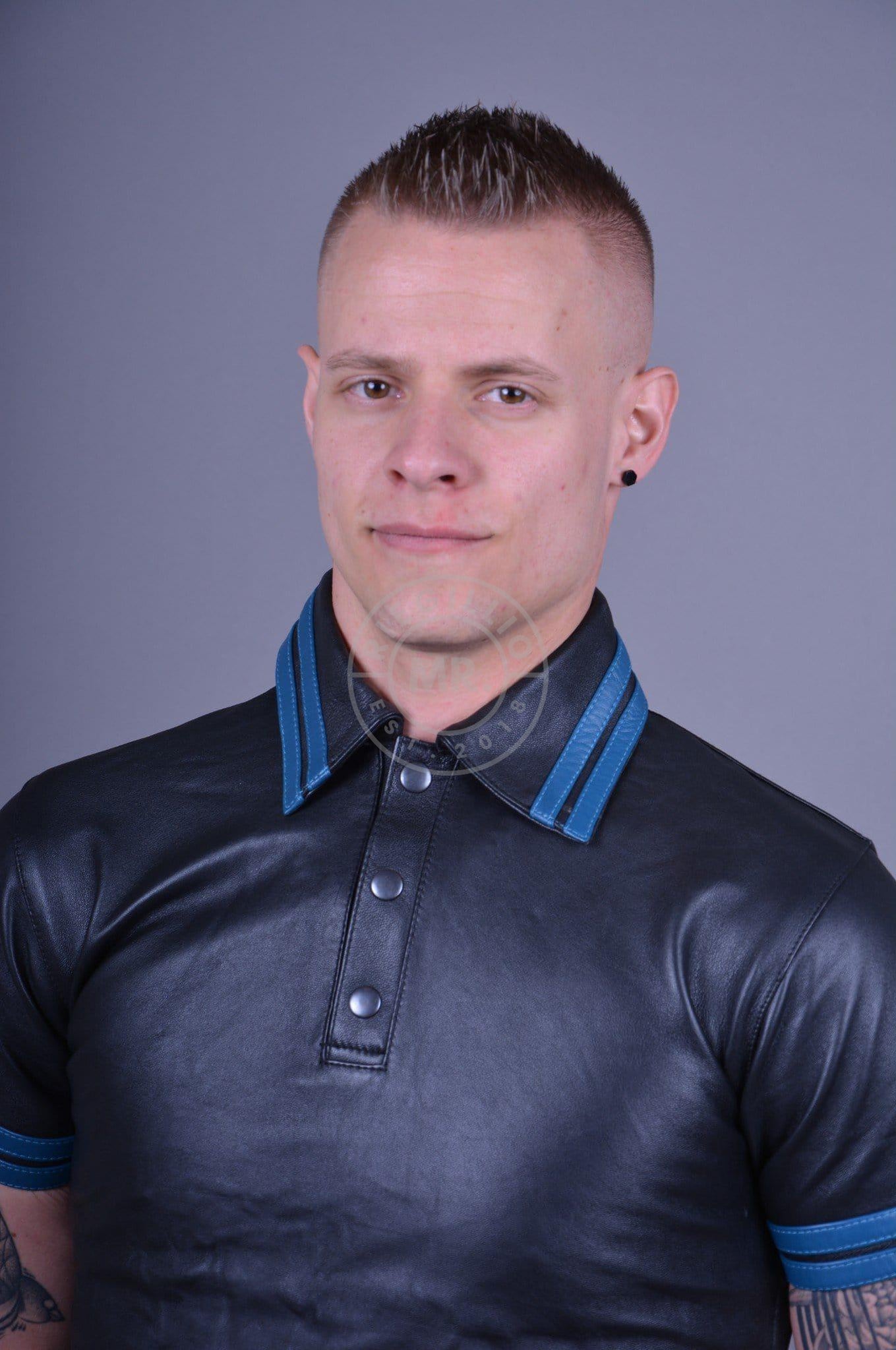Black Leather Polo - Blue Stripes at MR. Riegillio