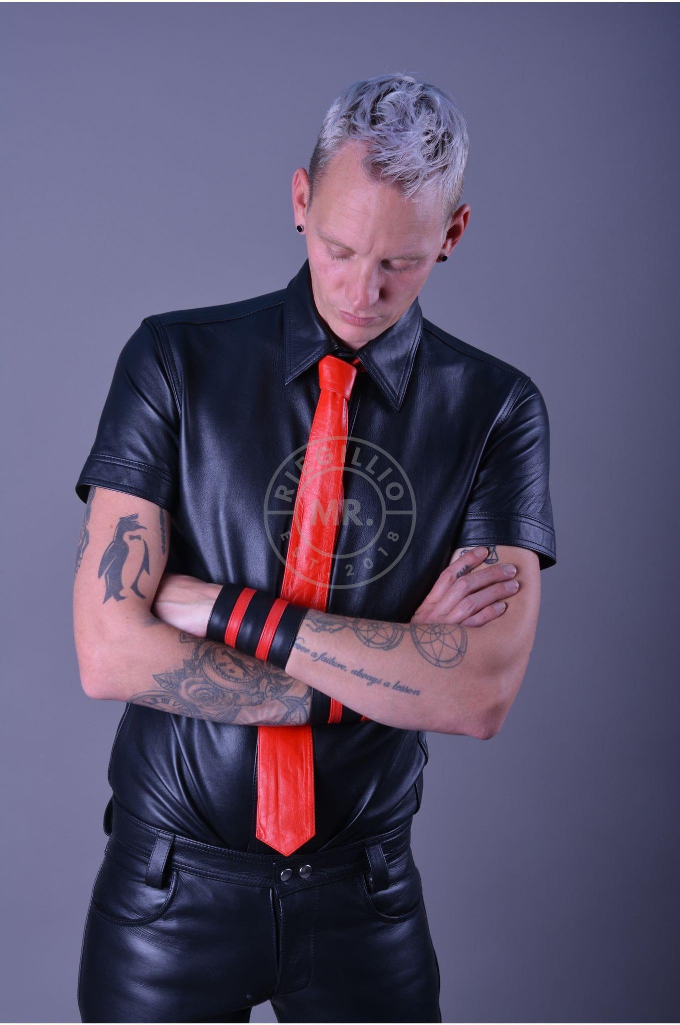 Black Plain Leather Shirt at MR. Riegillio