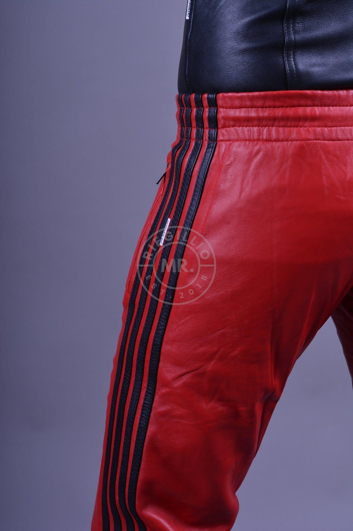 Red Leather Pants - BLACK STRIPES at MR. Riegillio