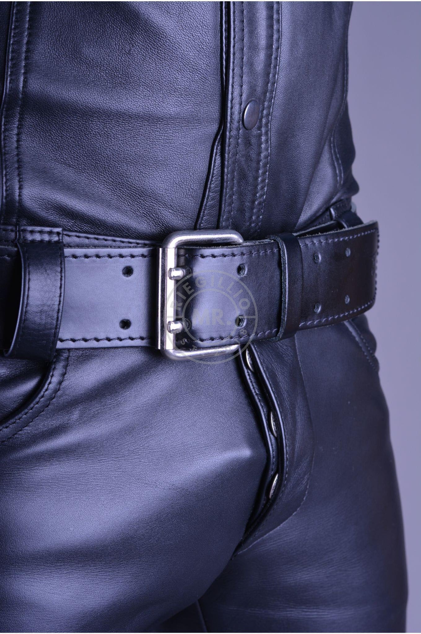 Mister B Leather Belt Stitched 5 cm - Black-at MR. Riegillio