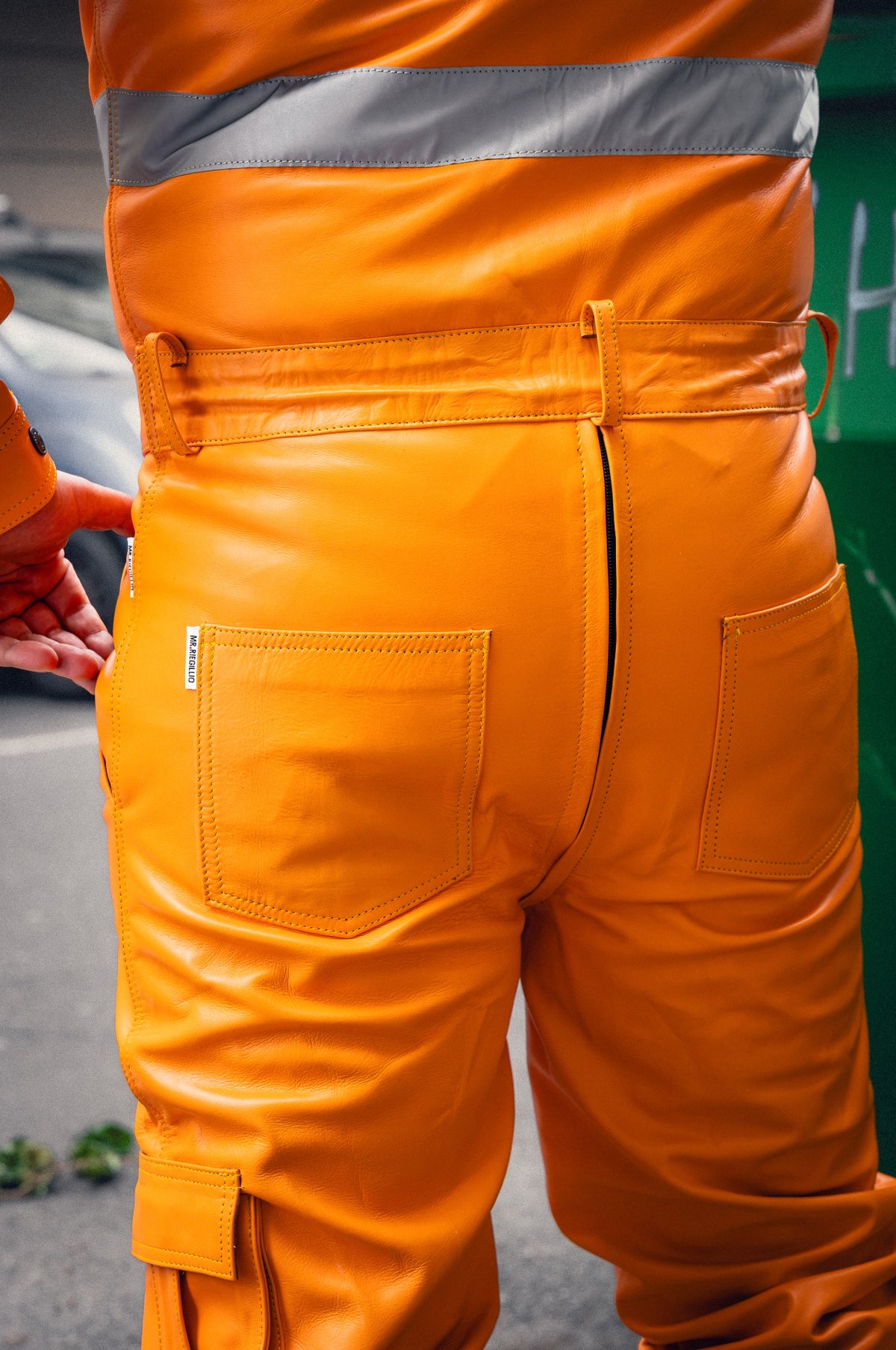 Neon Orange Leather Workers Thru Zip Overall - BARRY