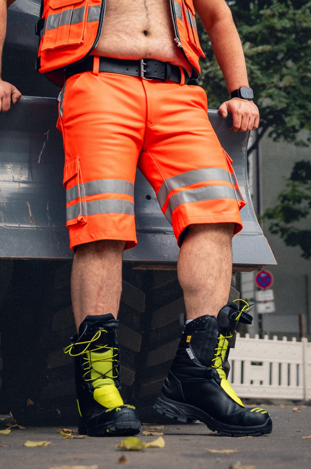 Neon Orange Leather Workers Cargo Shorts