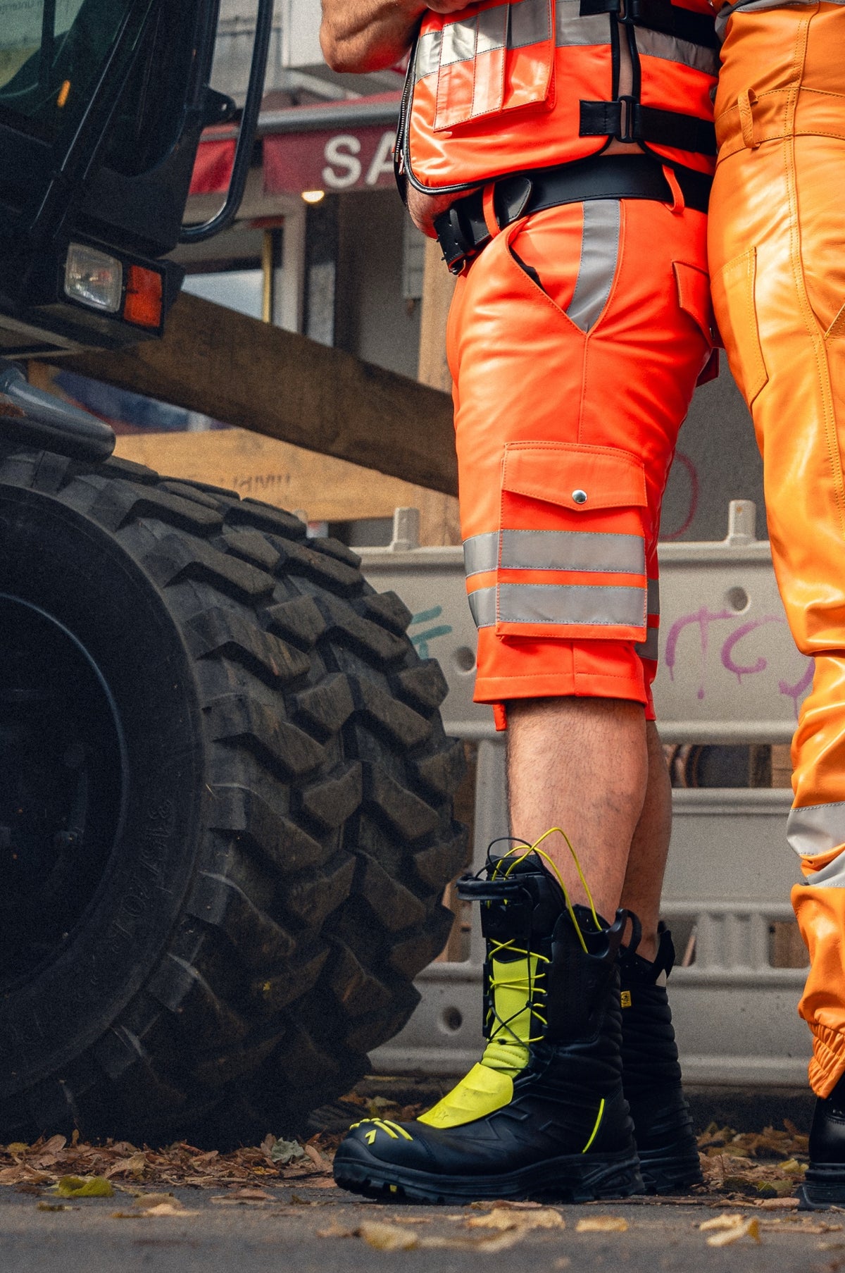 Neon Orange Leather Workers Cargo Shorts