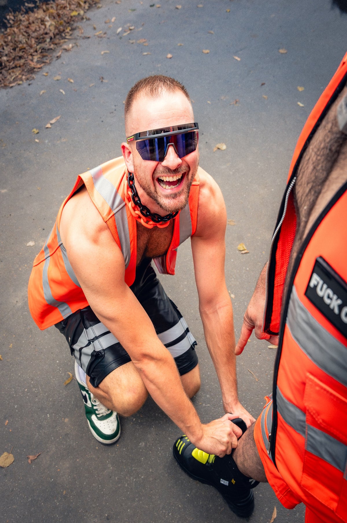 Neon Orange Leather Workers Waistcoat