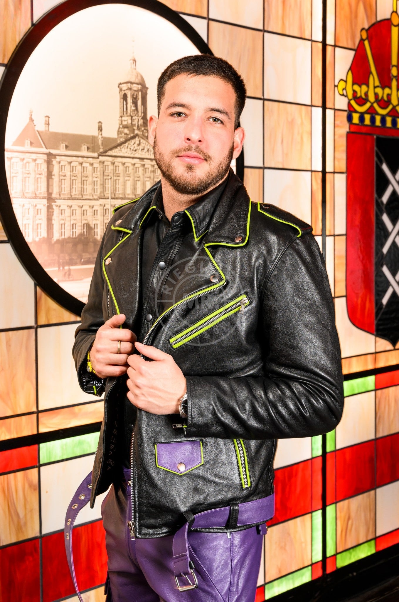 Black Leather Brando Jacket - Lime Piping at MR. Riegillio