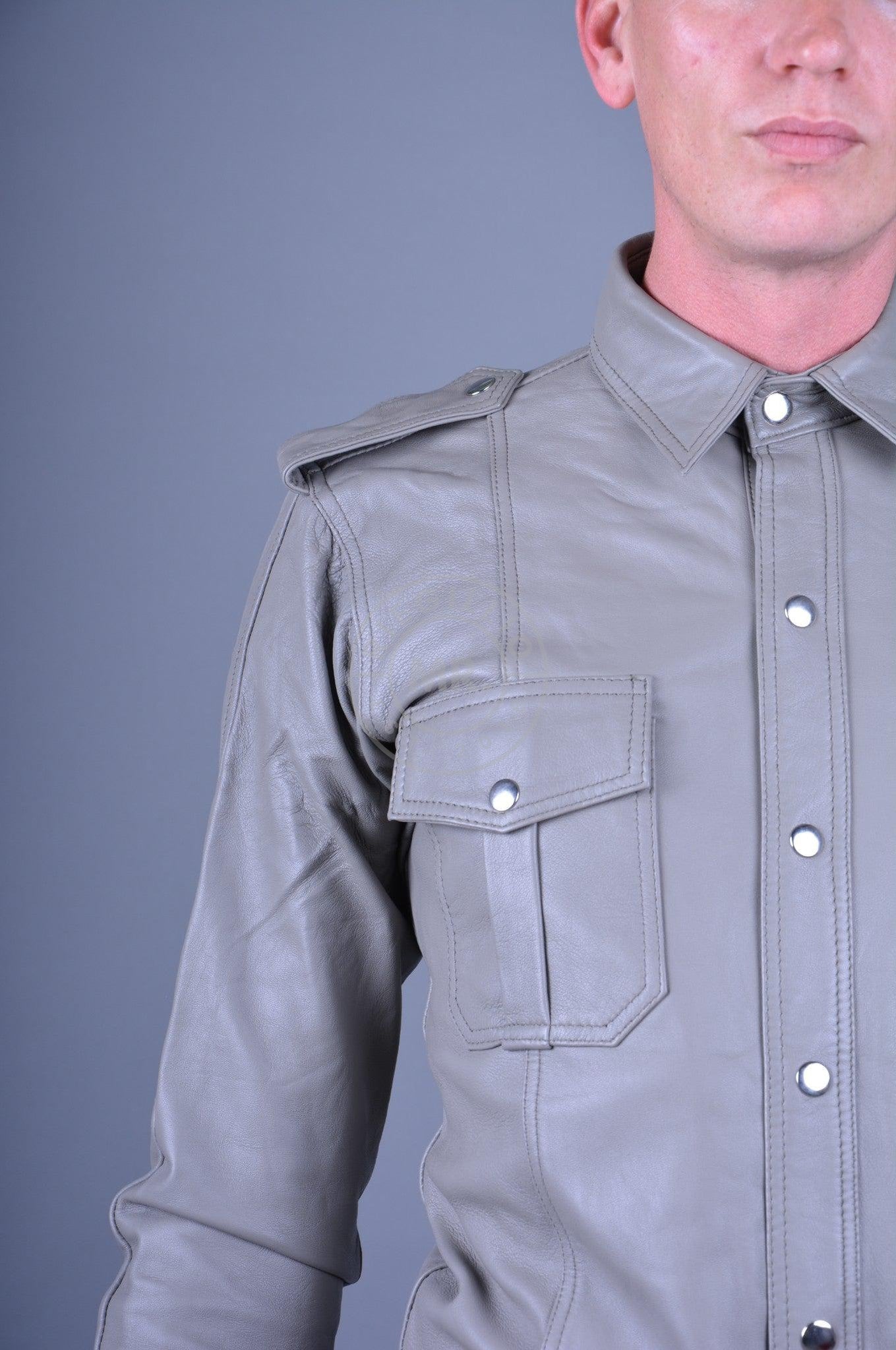 Ash Grey Leather Shirt Long Sleeves-at MR. Riegillio