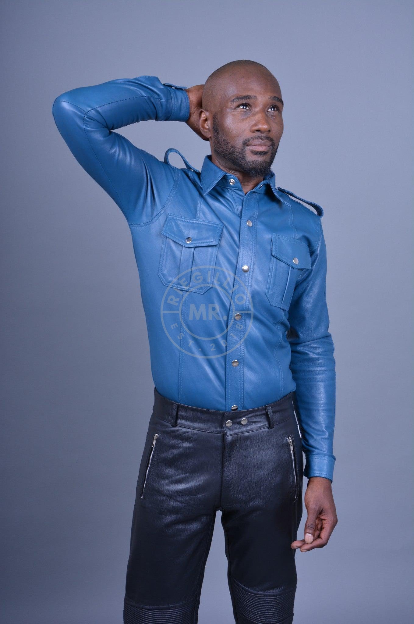 Jeans Blue Leather Shirt Long Sleeves-at MR. Riegillio