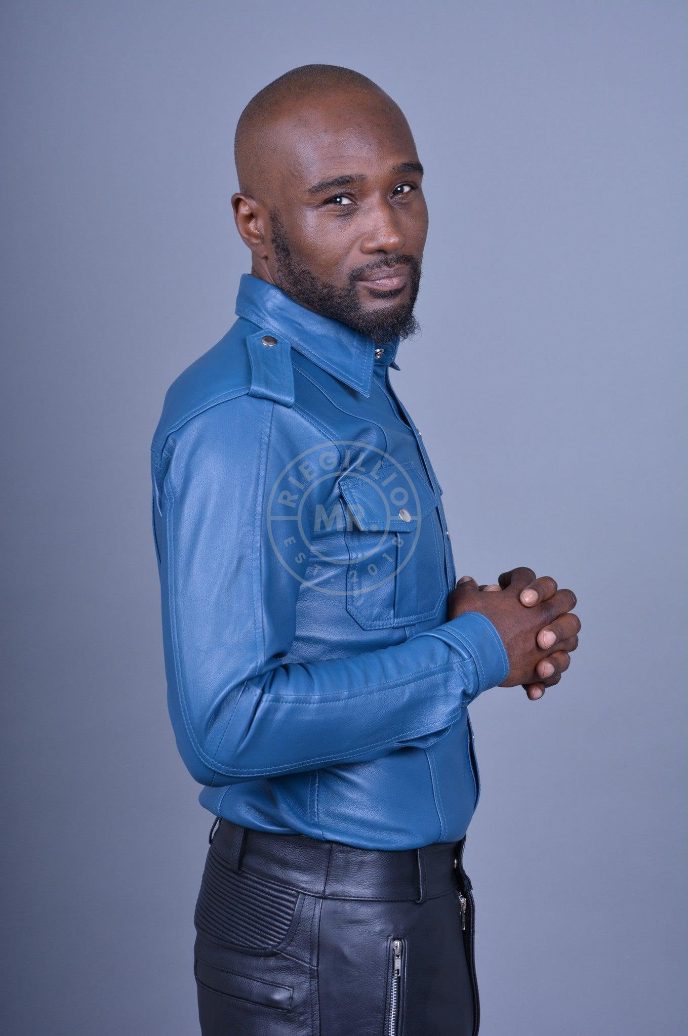 Jeans Blue Leather Shirt Long Sleeves-at MR. Riegillio