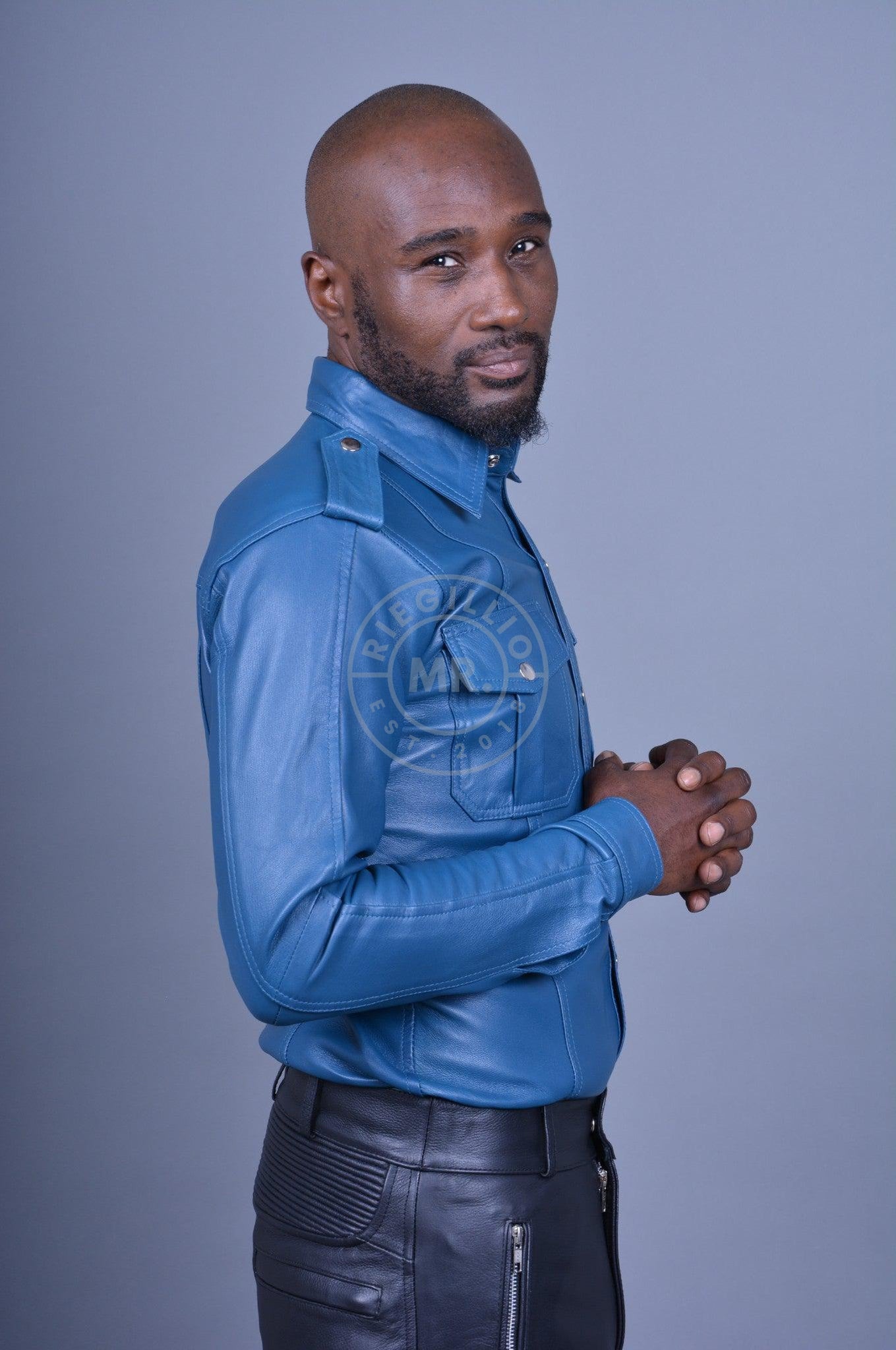 Jeans Blue Leather Shirt Long Sleeves at MR. Riegillio