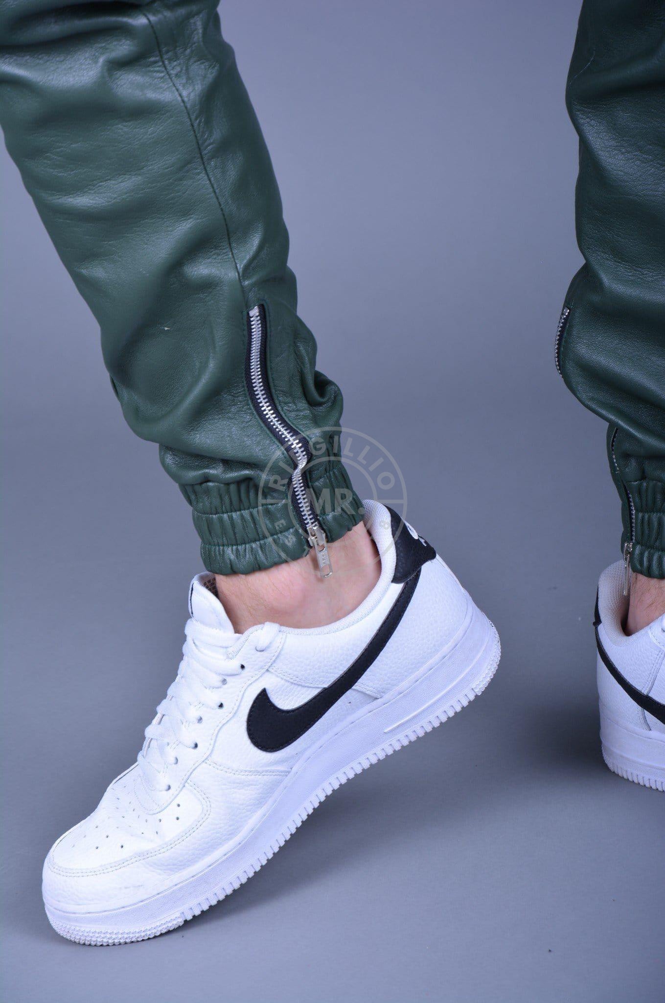 Dark Green Leather Tracksuit Pants at MR. Riegillio