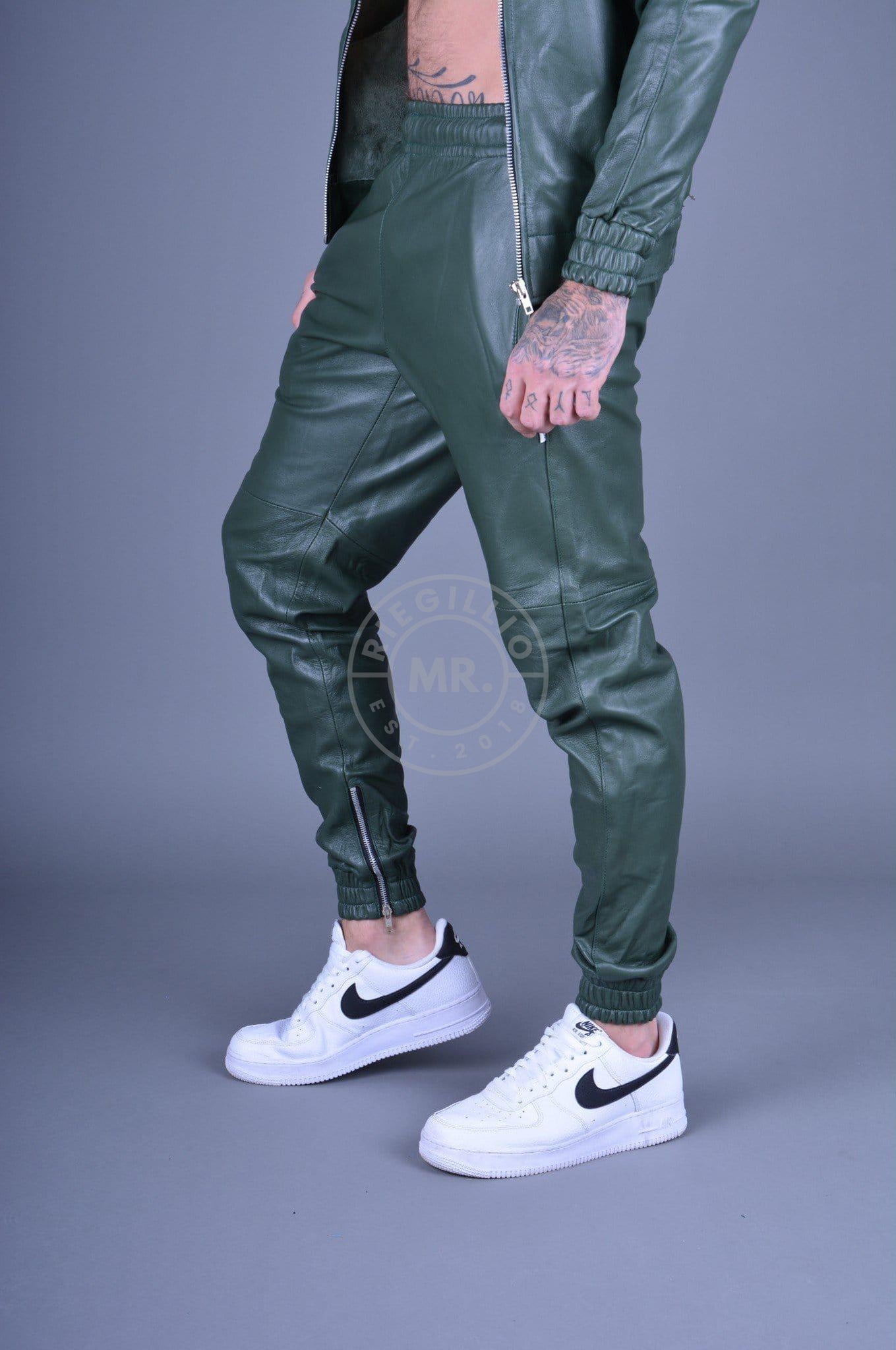 Dark Green Leather Tracksuit Pants at MR. Riegillio