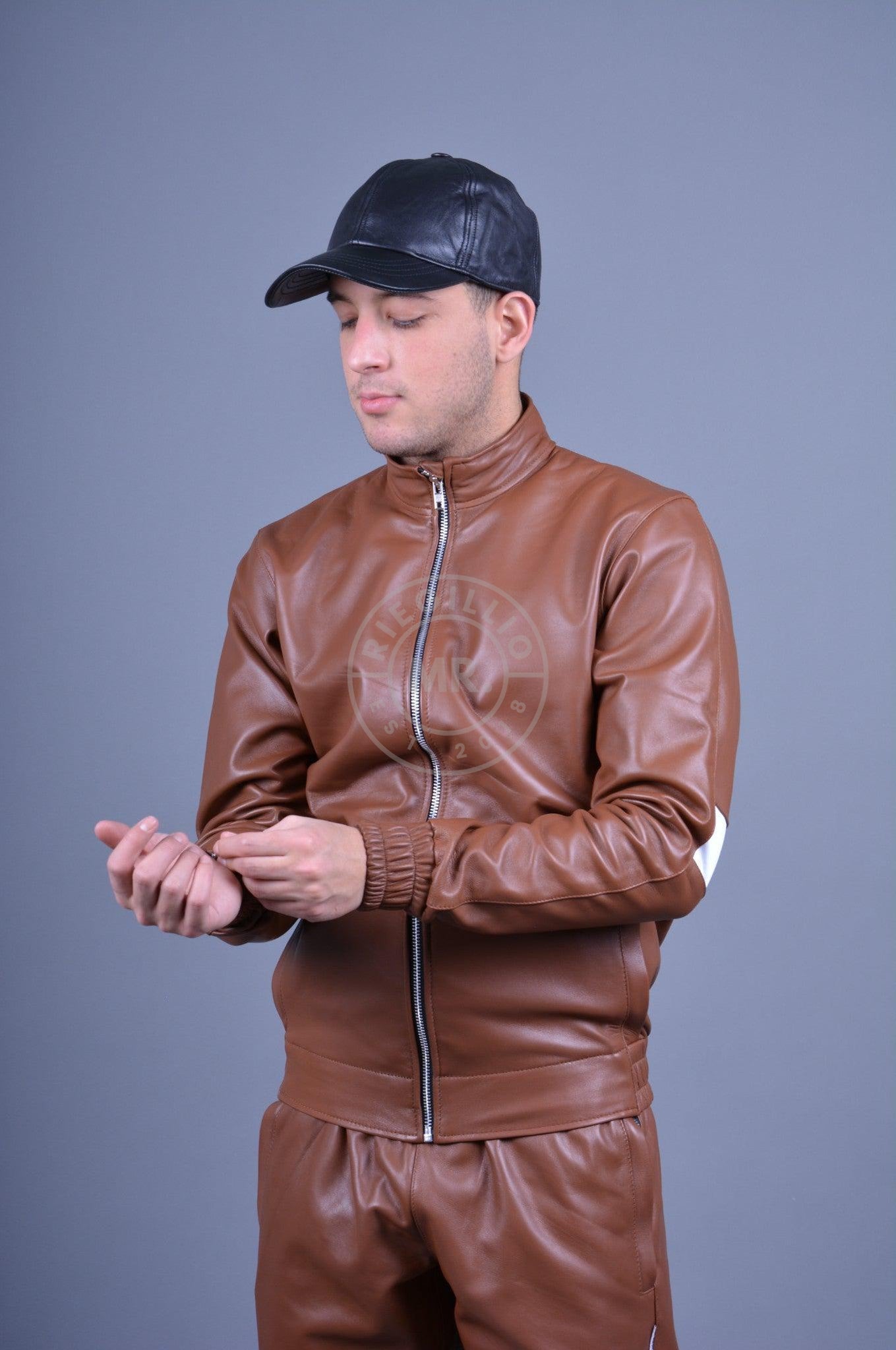 Cinnamon Brown Leather Tracksuit Jacket *DISCONTINUED ITEM*-at MR. Riegillio