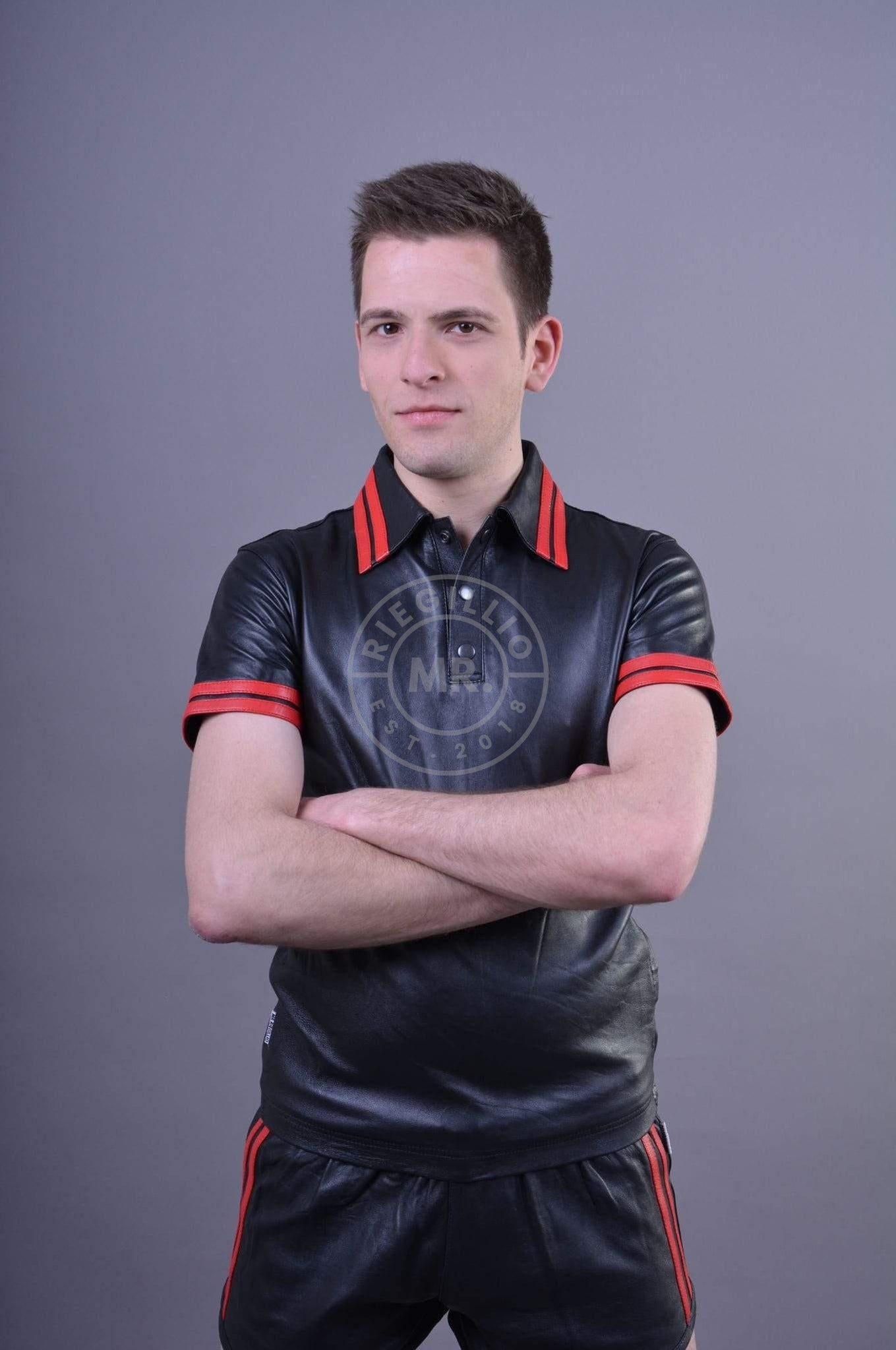 Black Leather Polo - Red Stripes at MR. Riegillio