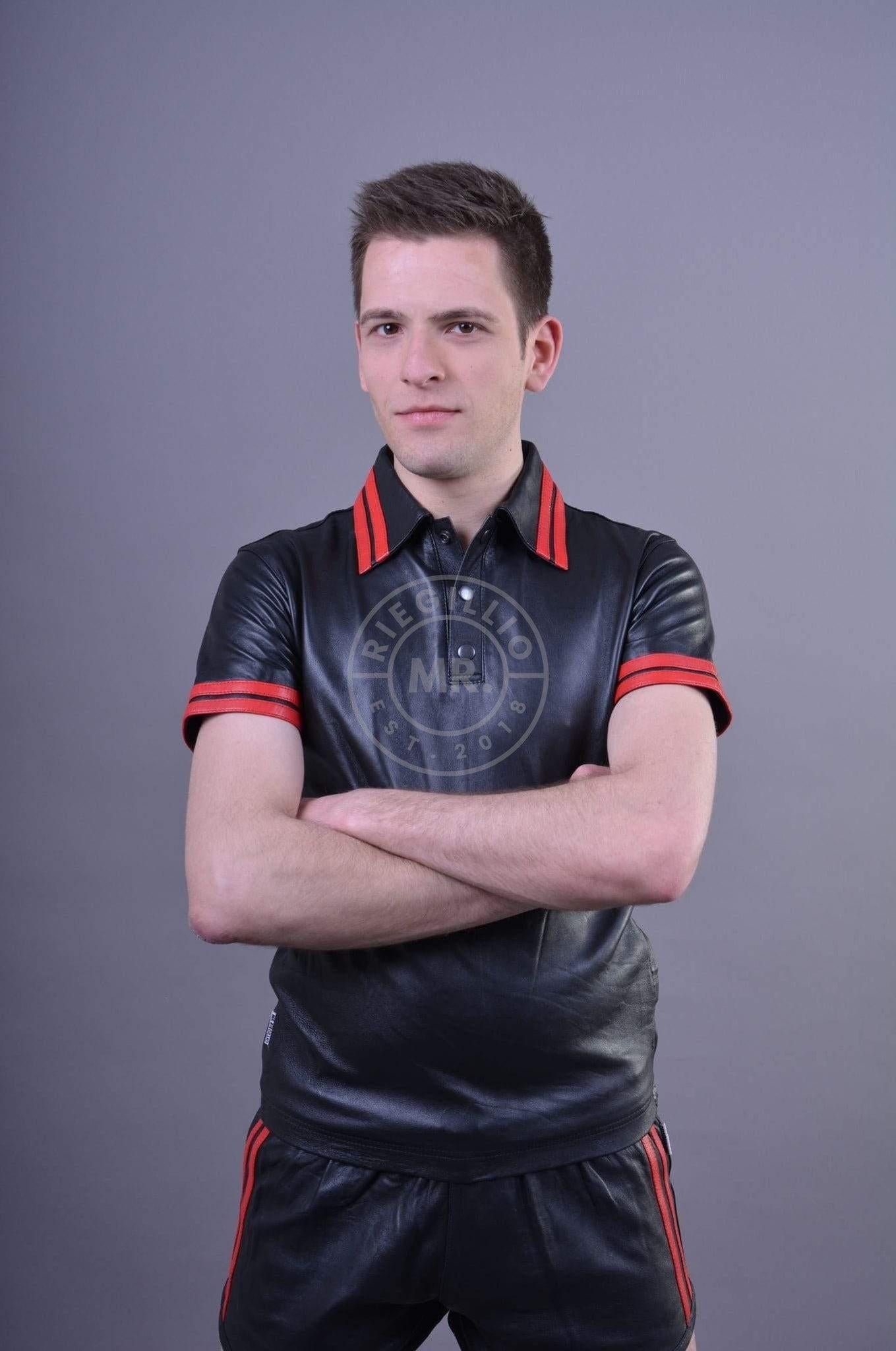 Black Leather Polo - Red Stripes at MR. Riegillio