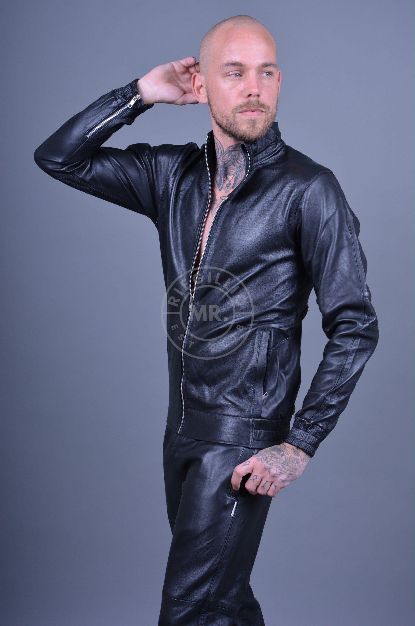 Plain Black Leather Tracksuit Jacket-at MR. Riegillio
