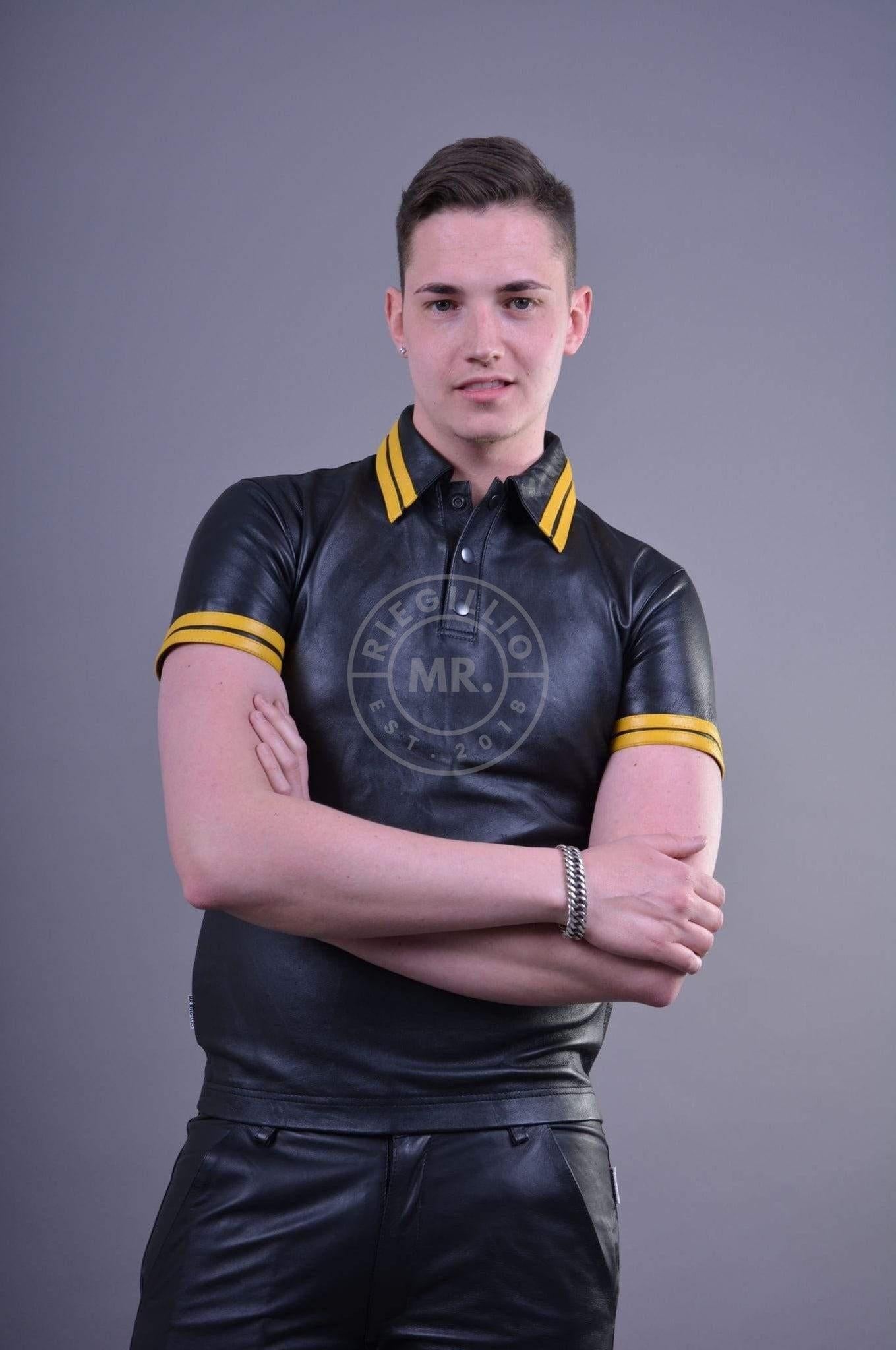 Black Leather Polo - Yellow Stripes at MR. Riegillio