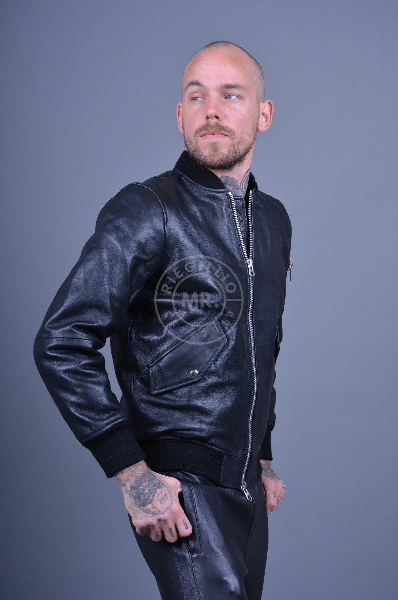 Black Leather Bomber Jacket at MR. Riegillio