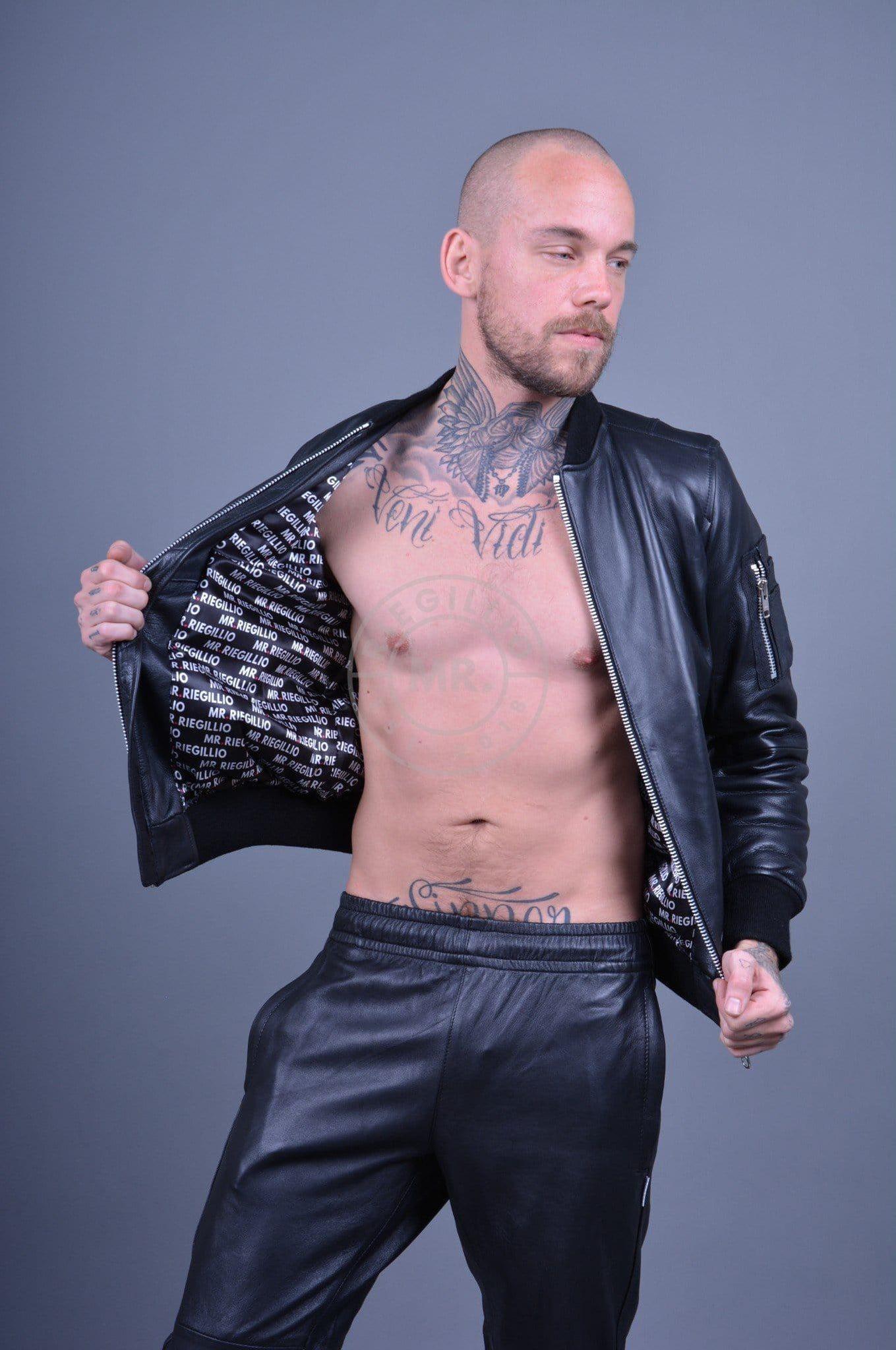 Black Leather Bomber Jacket at MR. Riegillio