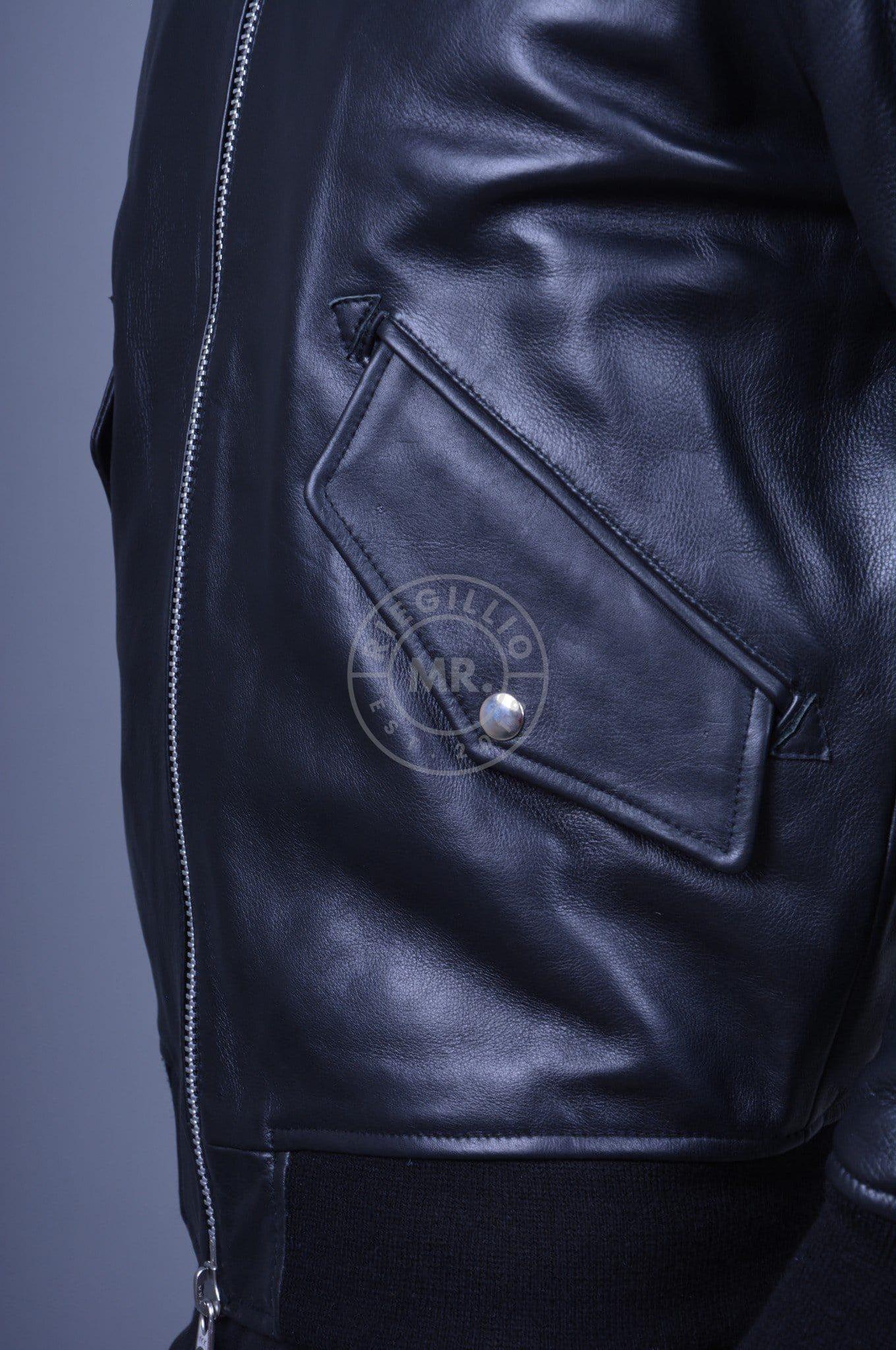 Black Leather Bomber Jacket at MR. Riegillio