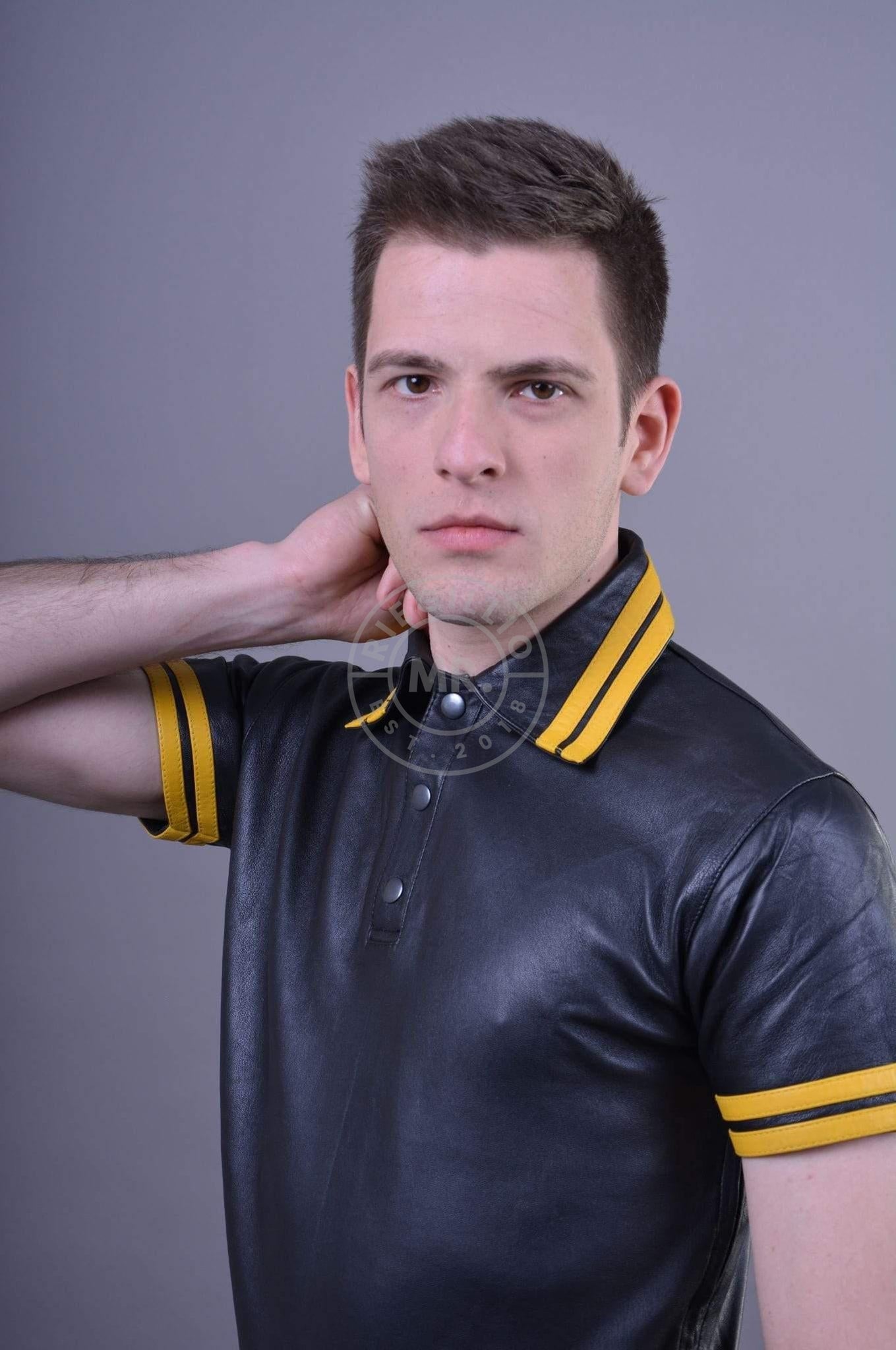 Black Leather Polo - Yellow Stripes at MR. Riegillio