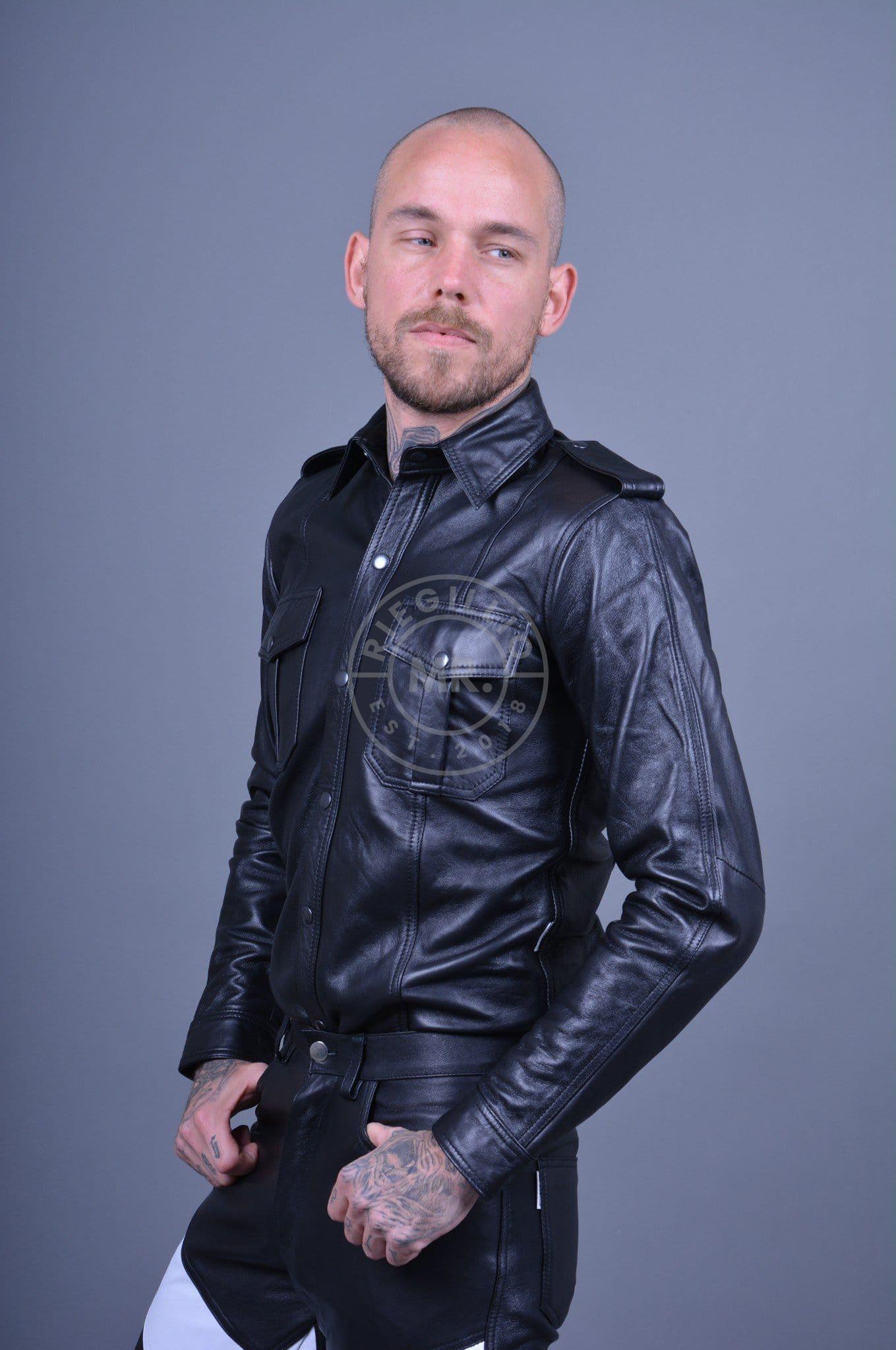 Black Leather Shirt Long Sleeves-at MR. Riegillio