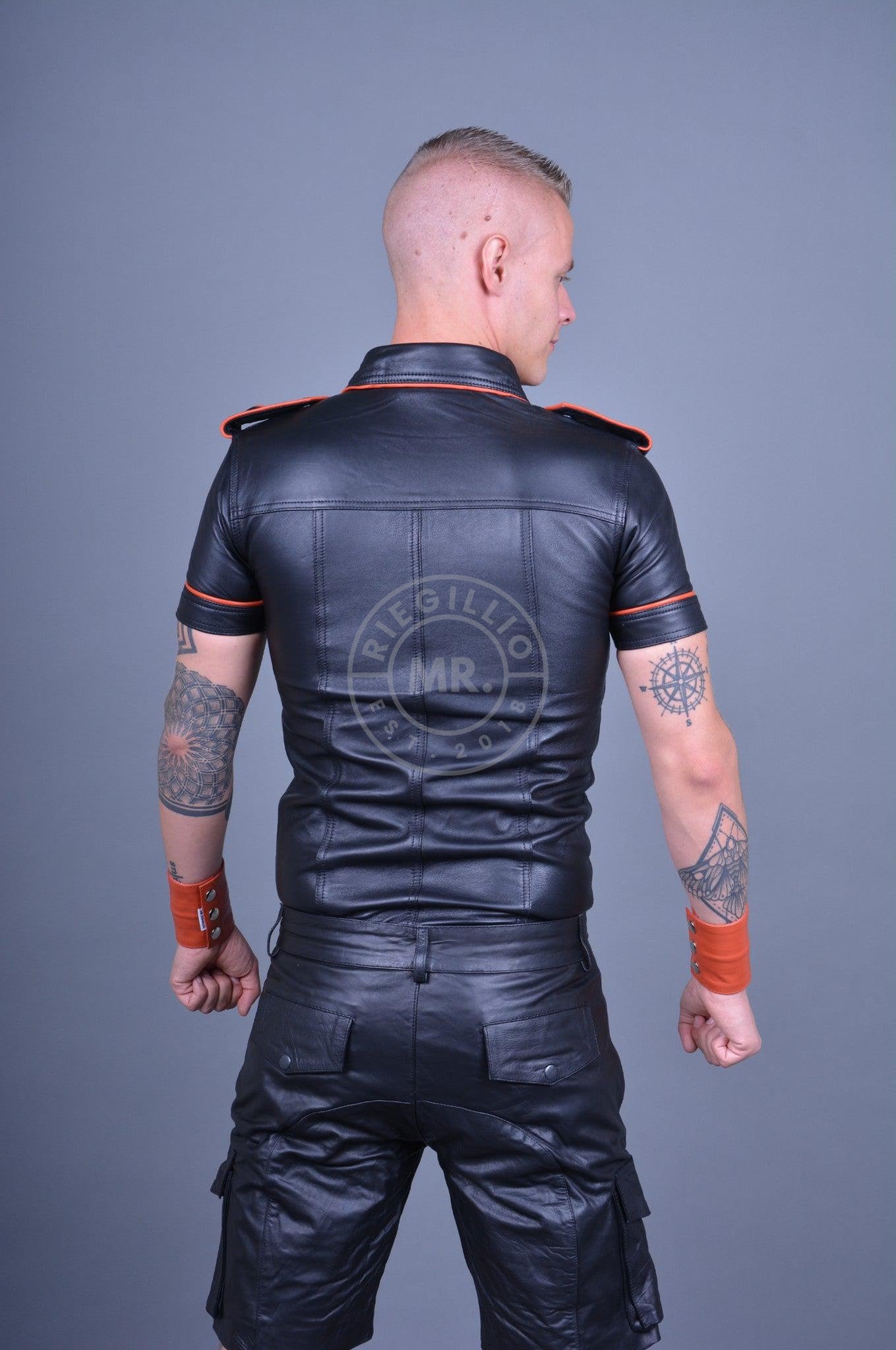 Black Leather Shirt - ORANGE Piping *DISCONTINUED ITEM*-at MR. Riegillio