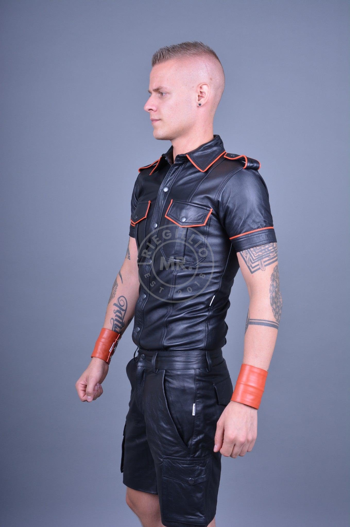 Black Leather Shirt - ORANGE Piping *DISCONTINUED ITEM*-at MR. Riegillio