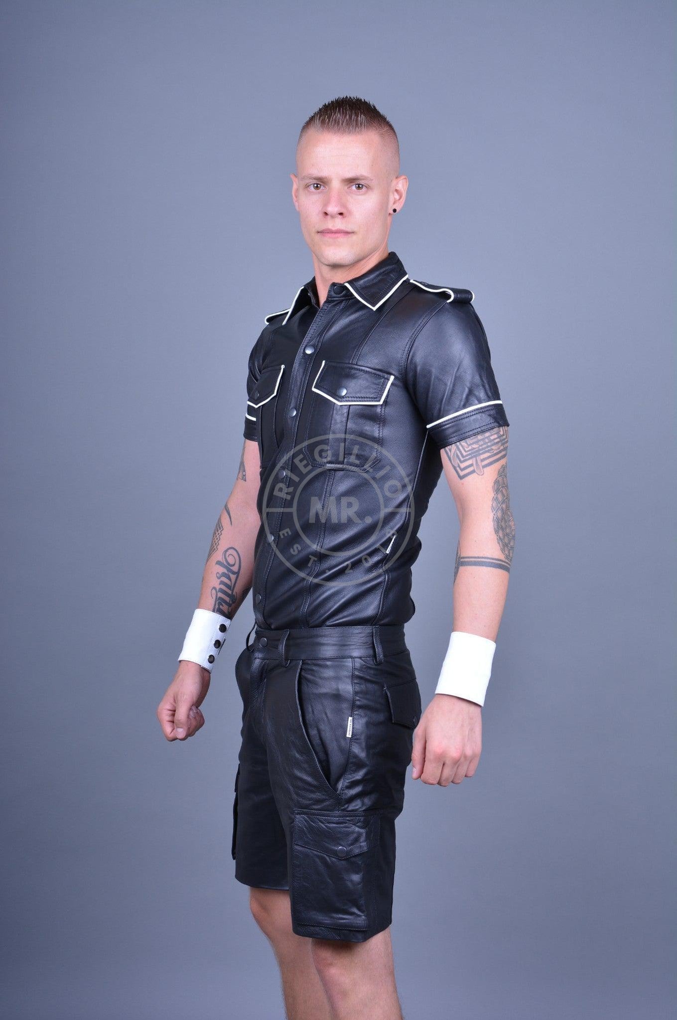 Black Leather Shirt - White Piping at MR. Riegillio