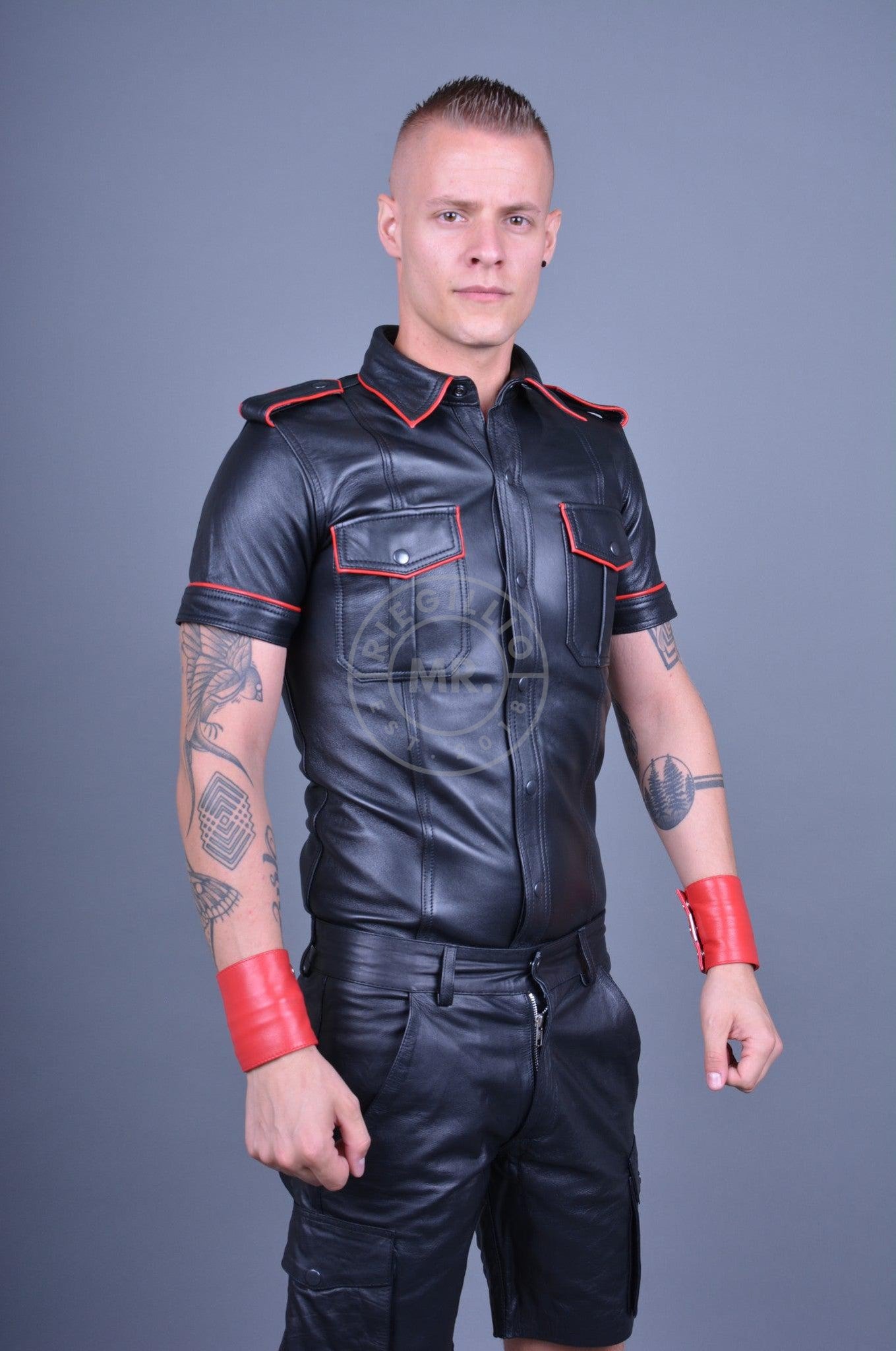 Black Leather Shirt - Red Piping at MR. Riegillio