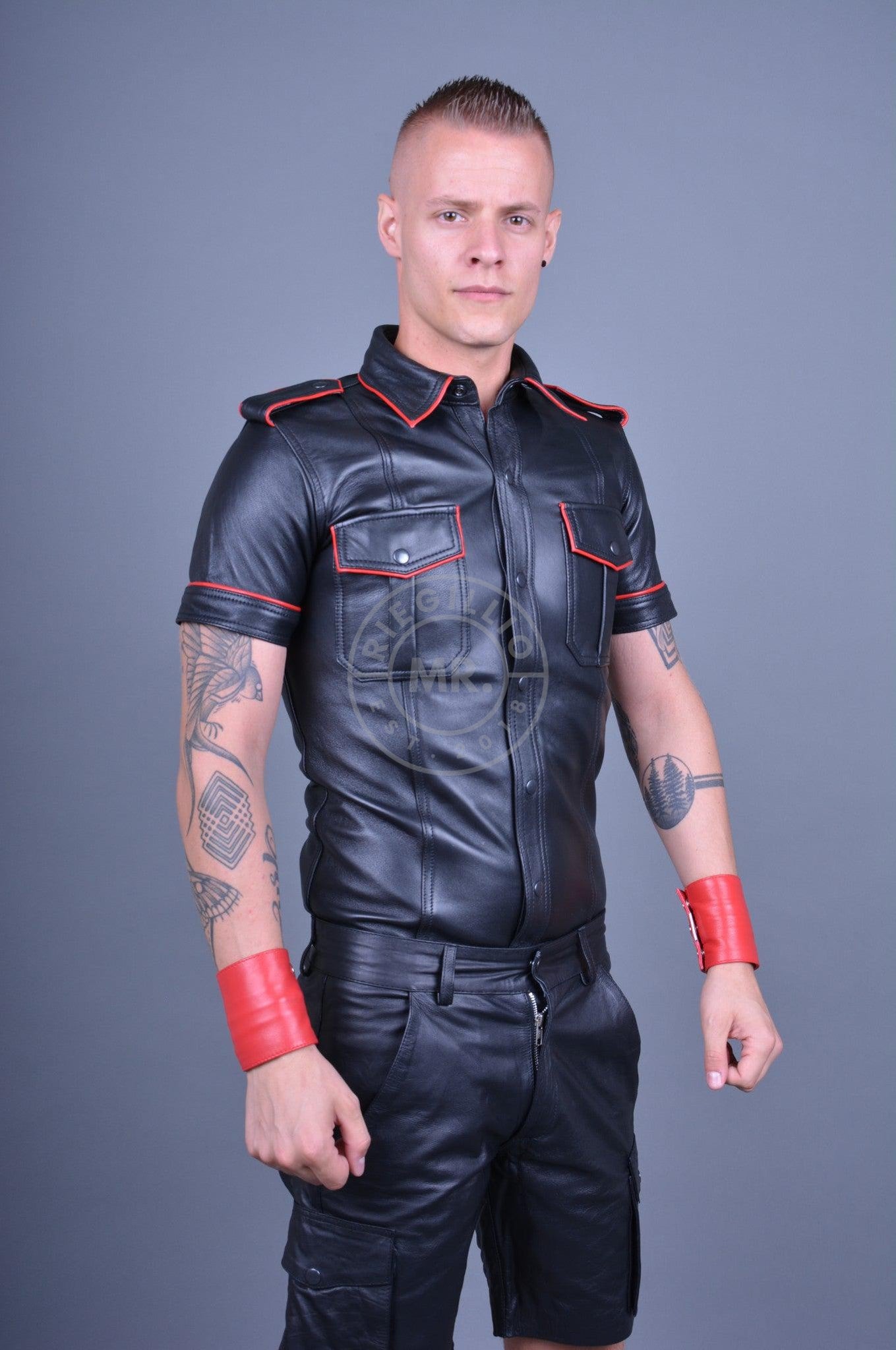 Black Leather Shirt - RED Piping at MR. Riegillio