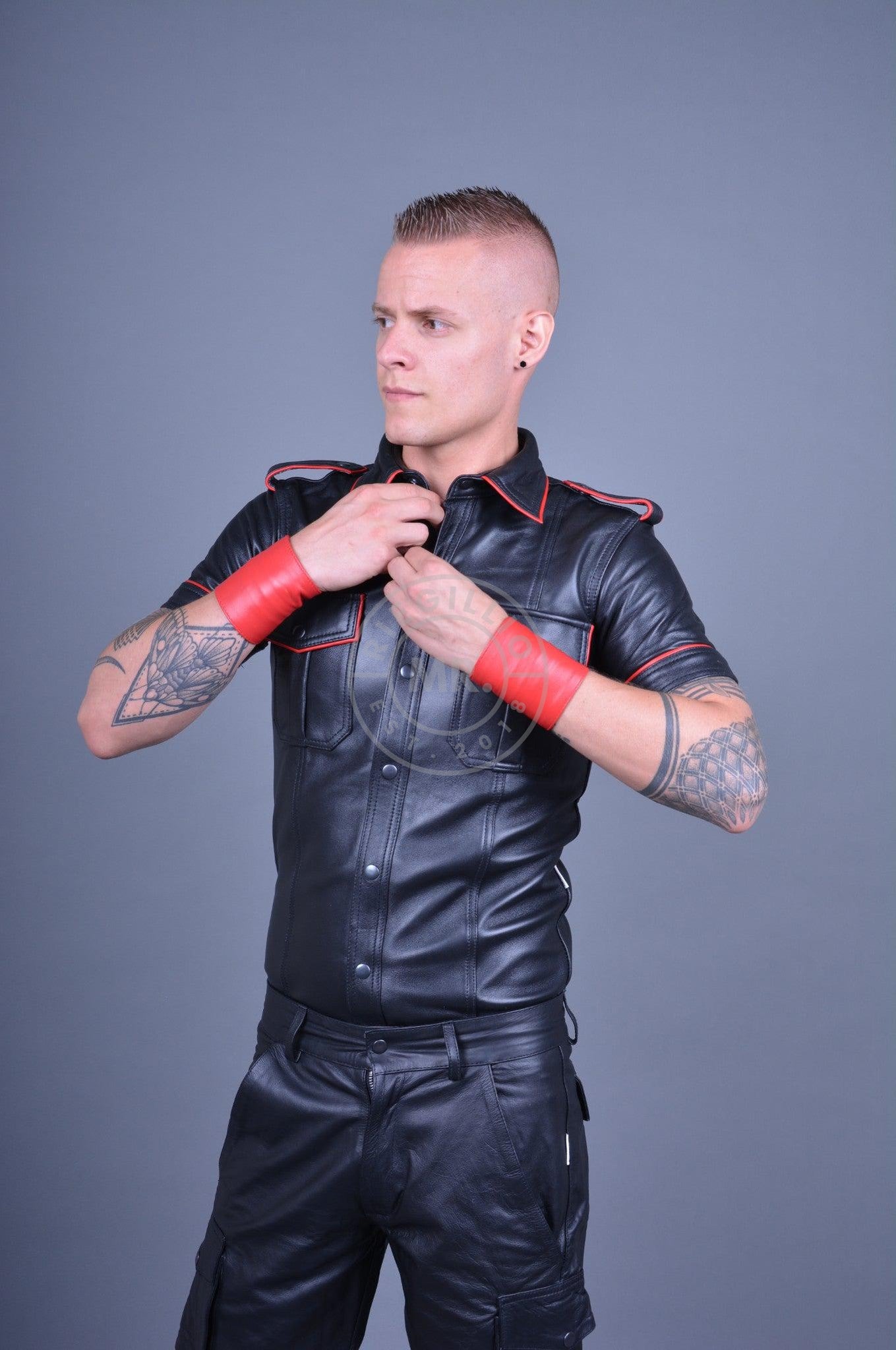 Black Leather Shirt - Red Piping at MR. Riegillio