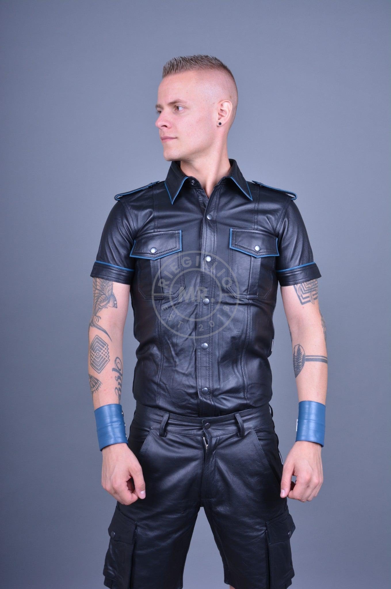 Black Leather Shirt - JEANS BLUE Piping-at MR. Riegillio
