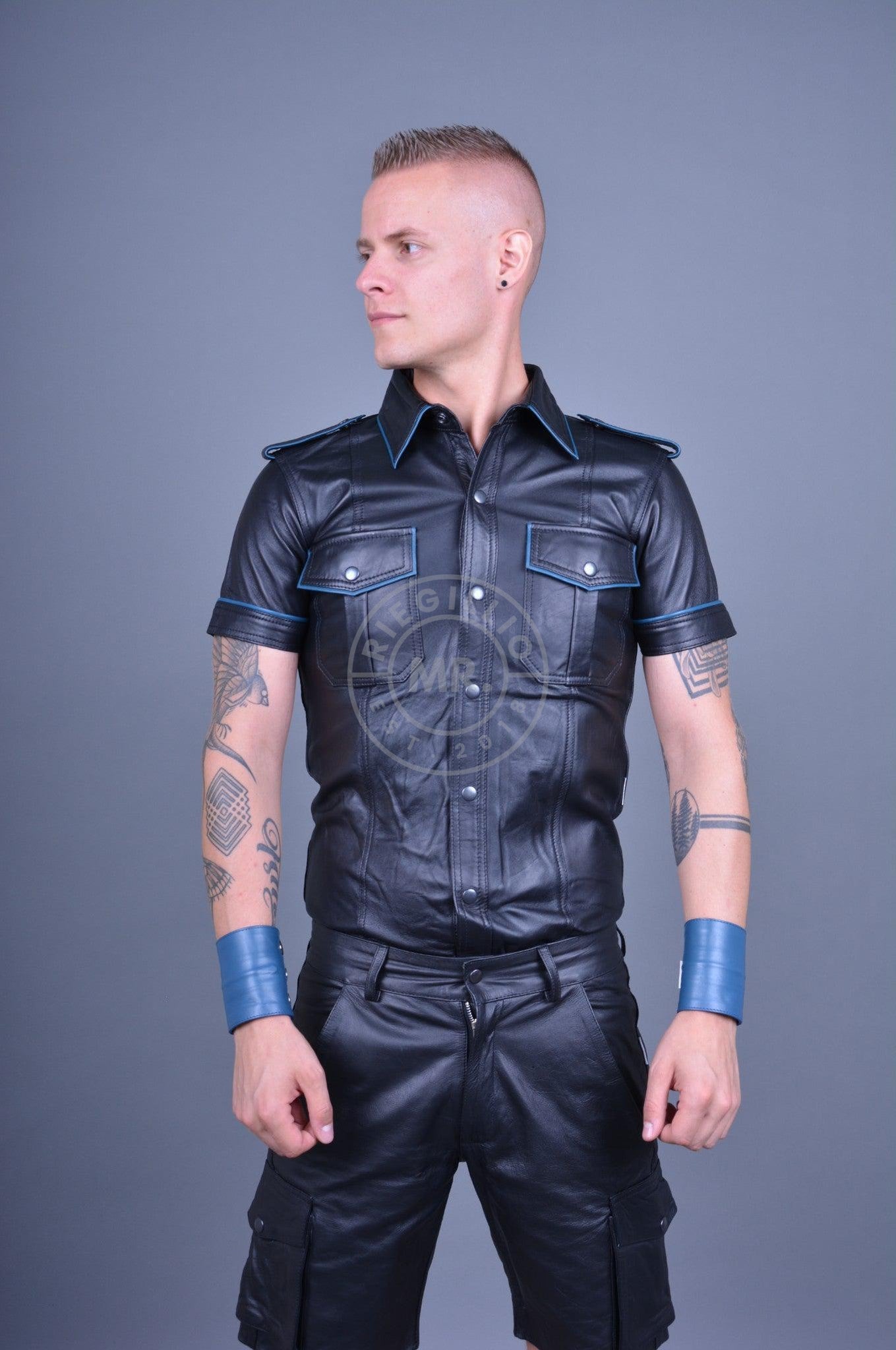 Black Leather Shirt - Jeans Blue Piping at MR. Riegillio
