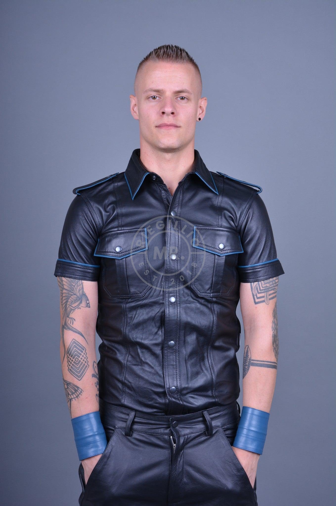 Black Leather Shirt - Jeans Blue Piping at MR. Riegillio
