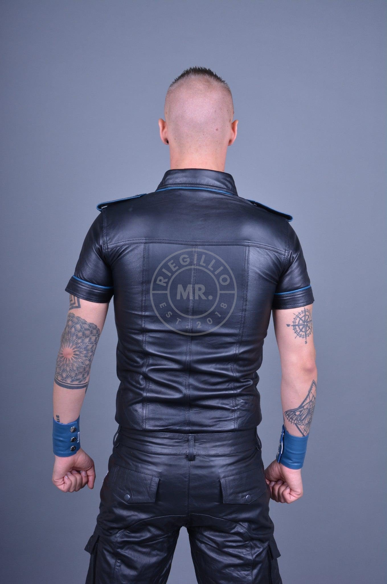 Black Leather Shirt - Jeans Blue Piping at MR. Riegillio